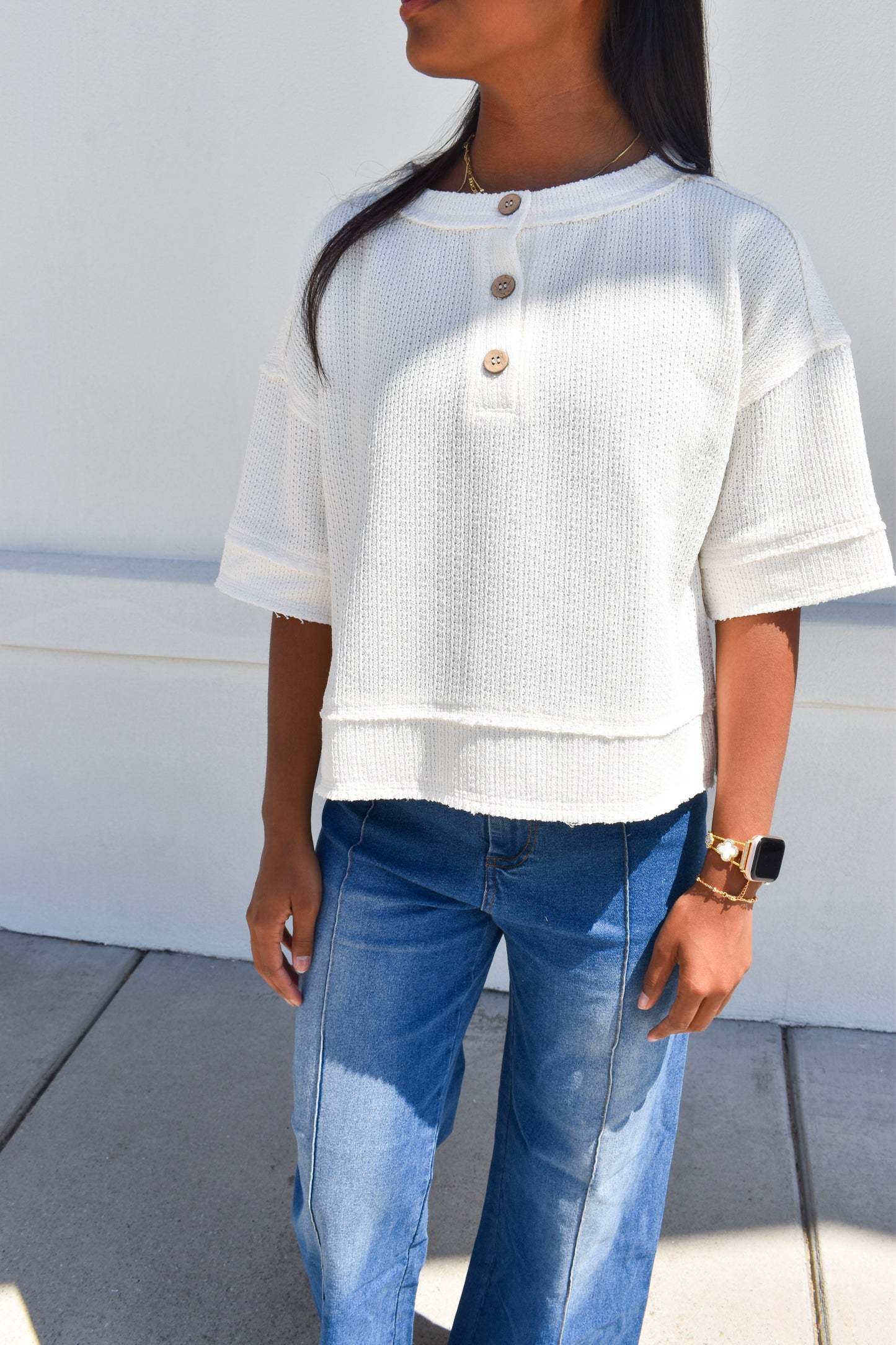 Henley Short Sleeve Waffle Knit Top