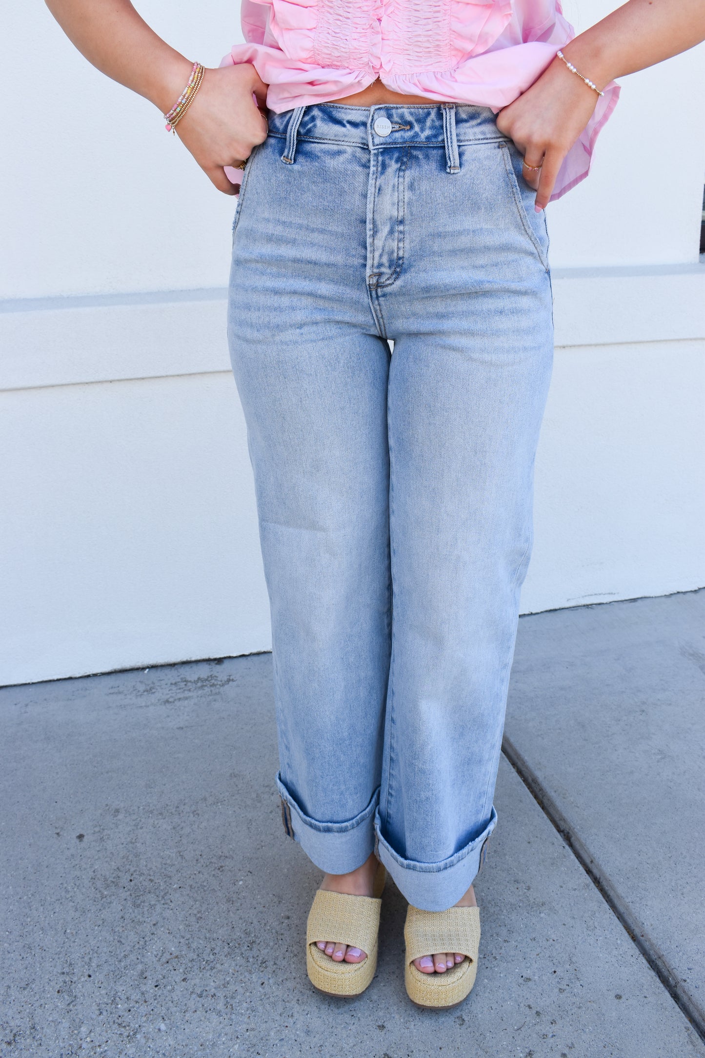 Risen Tummy Control High Rise Ankle Wide Cuffed Jeans