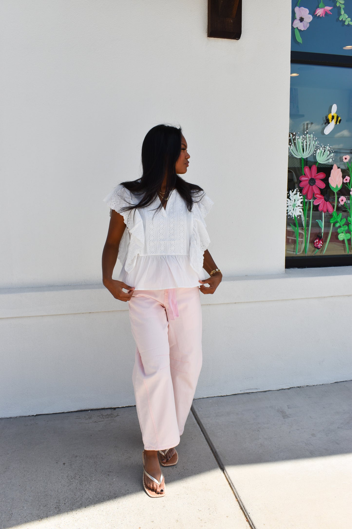 Delicately Embroidered Eyelet Ruffled Cotton Poplin Blouse