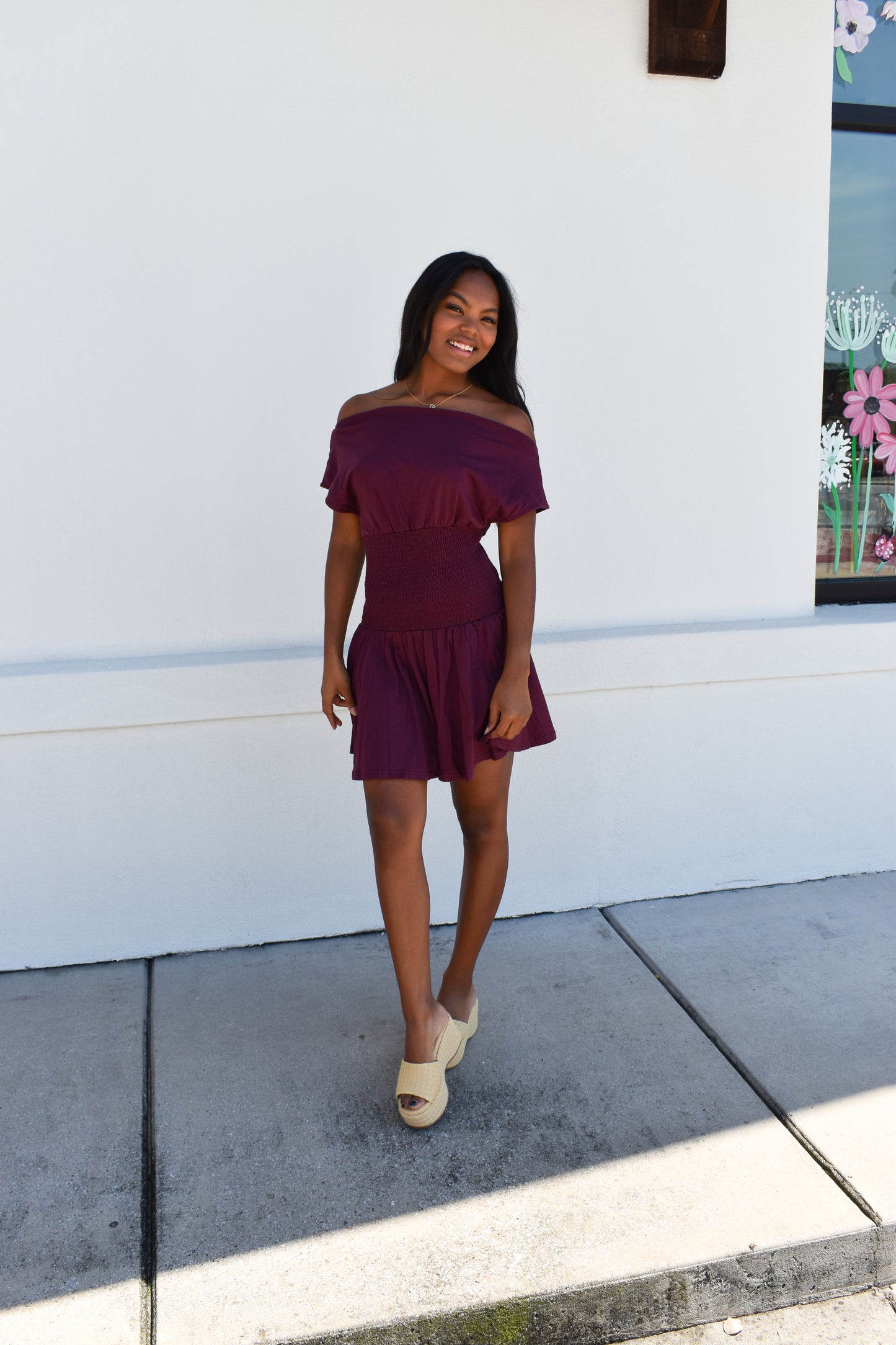 Off Shoulder Smocked Waist Dress: Wine
