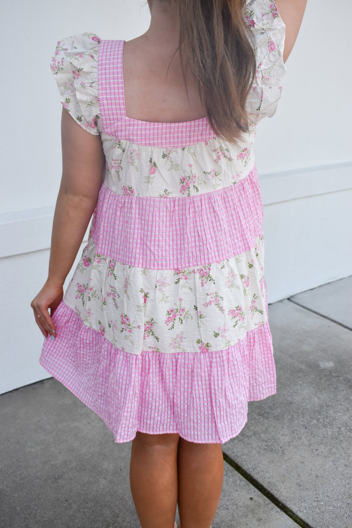 Mini Dress W/ Mixed Floral Print and Pink Gingham
