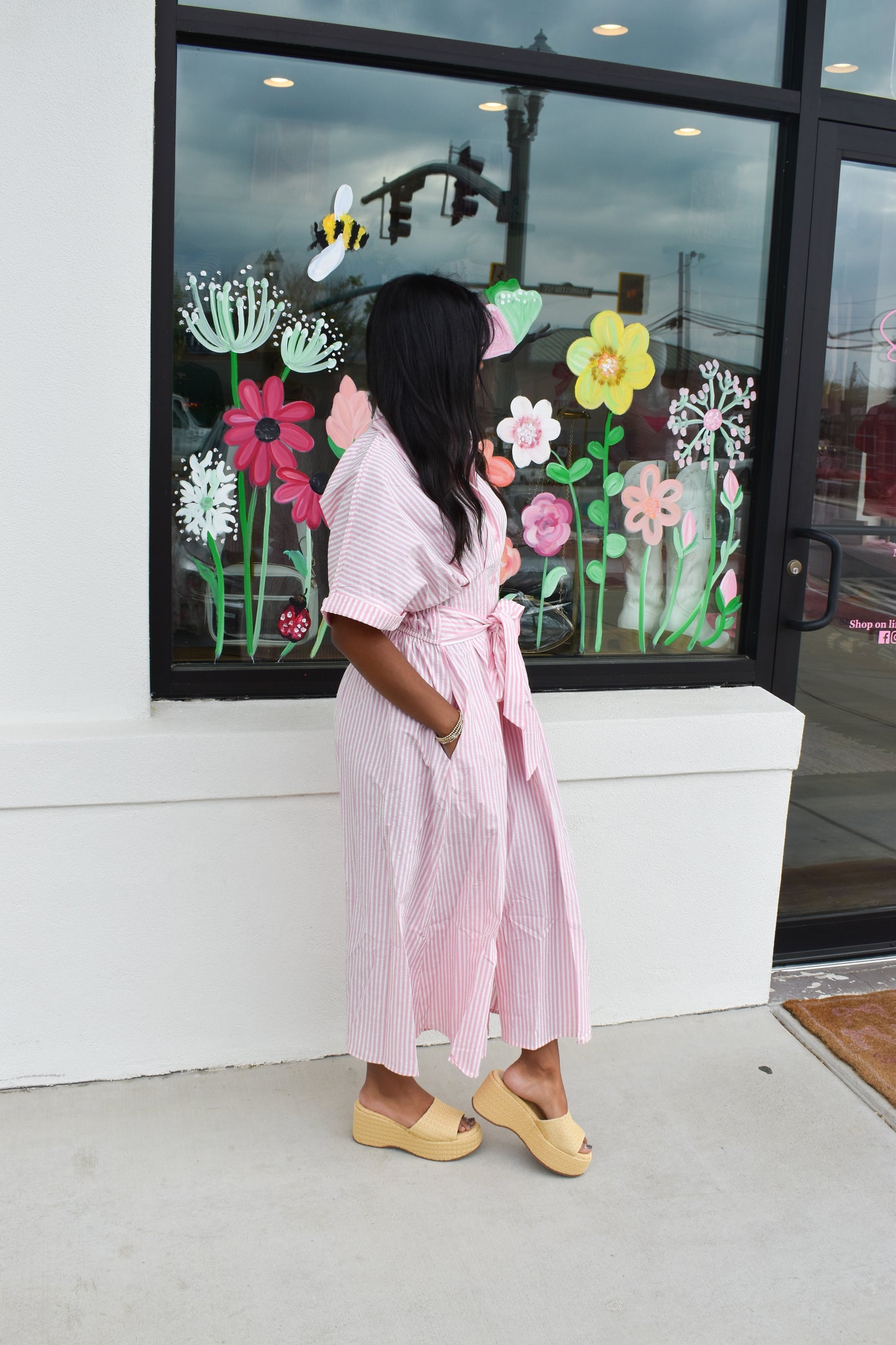 Seer Sucker Striped W/ Bow Tie Maxi Dress