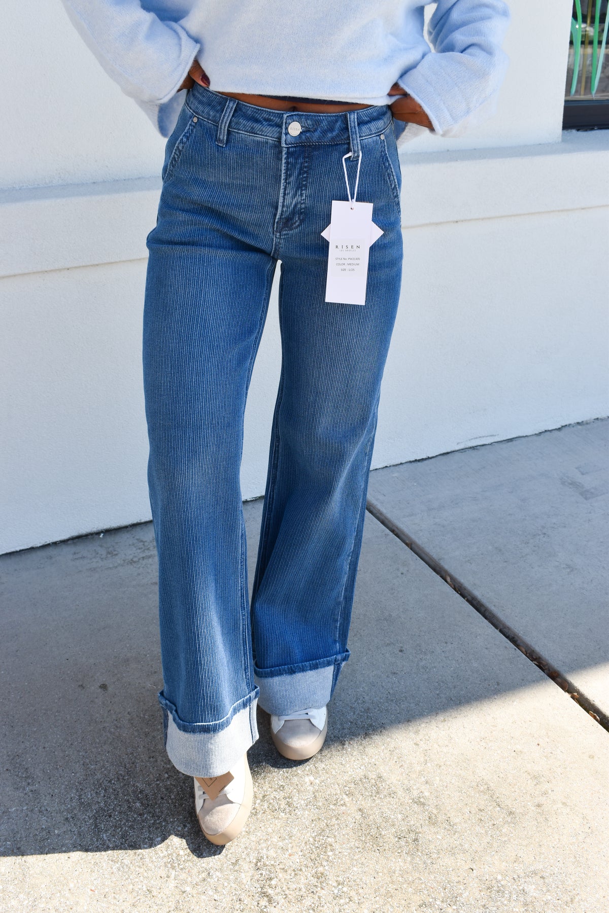 Risen Mid Rise Wide Leg Cuffed Jeans