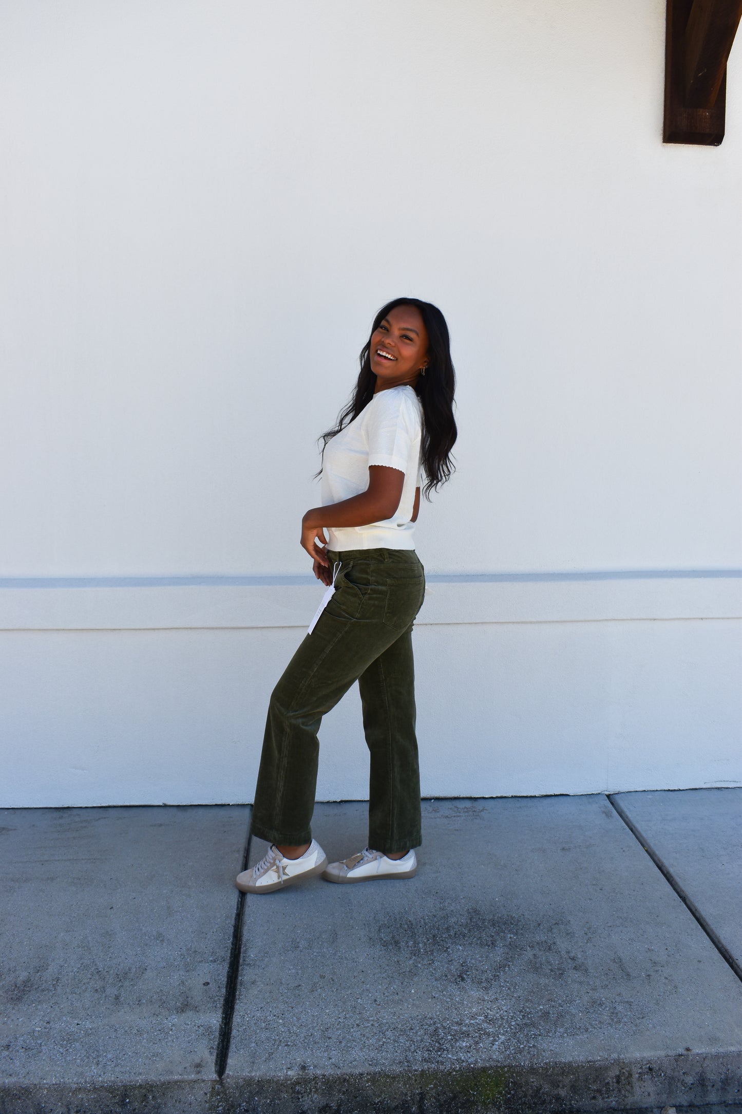 Tummy Control Mid Rise Ankle Straight Corduroy: Green