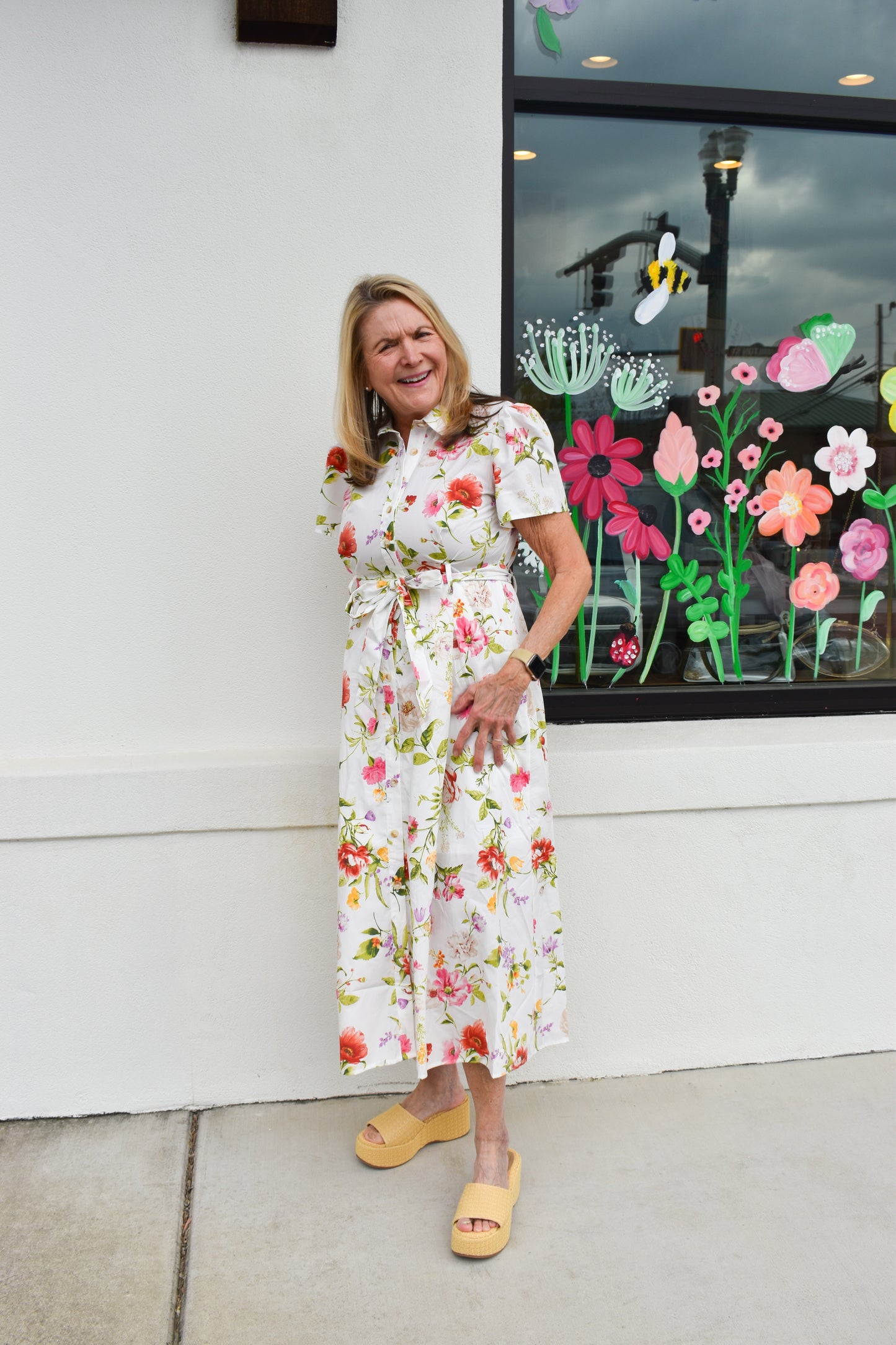 Floral Short Sleeve Belted Midi Dress
