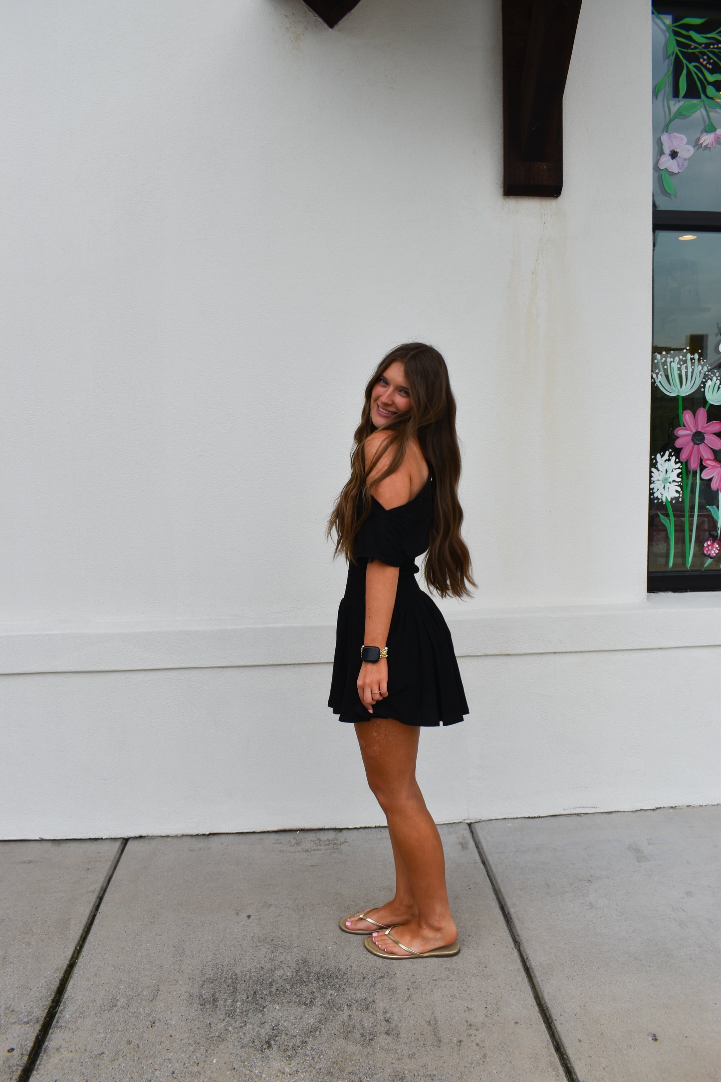 Off Shoulder Smocked Waist Dress: Black