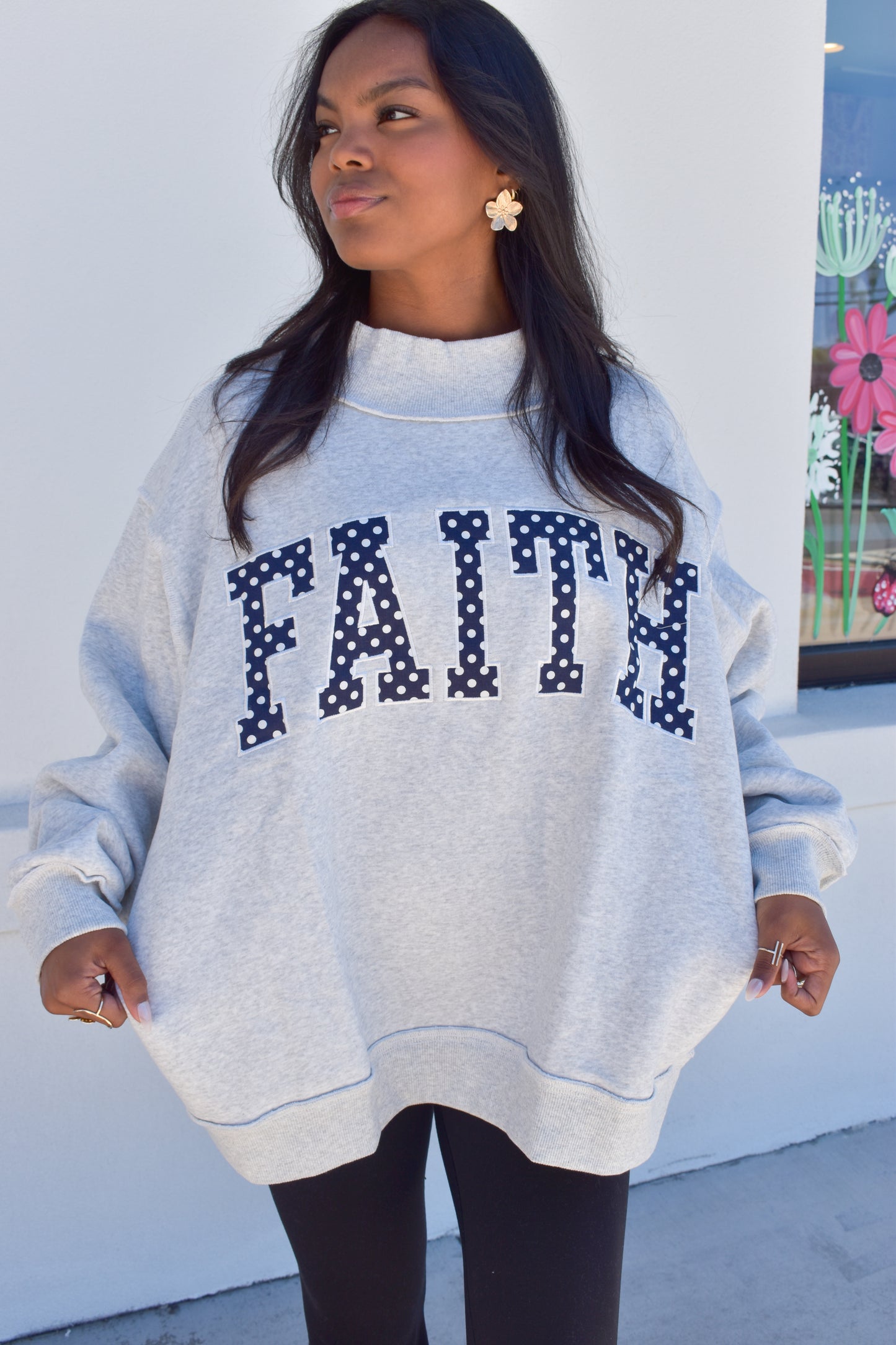 'FAITH' Embroidered Polka Dot Mockneck