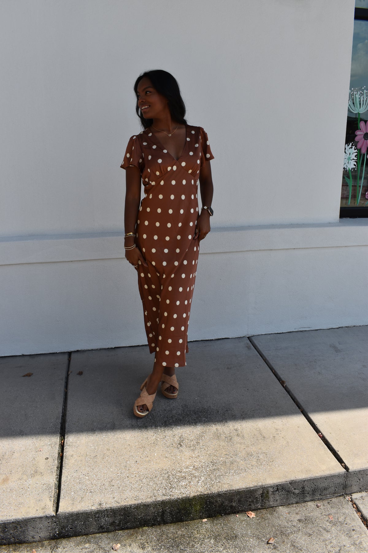 V Neck Satin Polka Dot Maxi