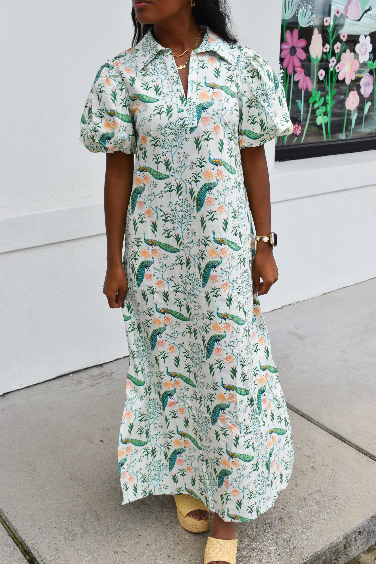 Peacock Print Puff Sleeve Midi Dress