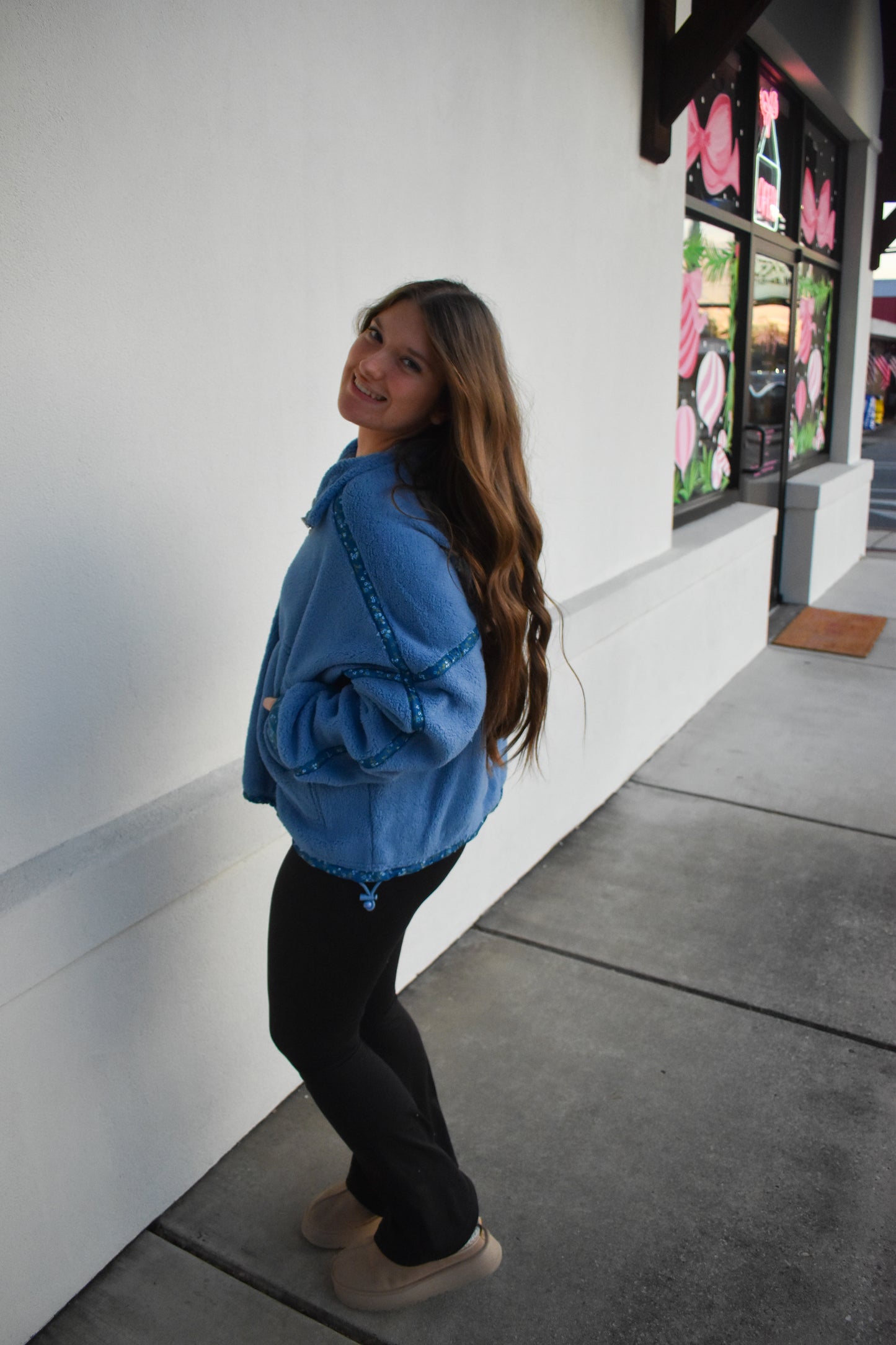 Floral Piping Detail Sherpa Jacket