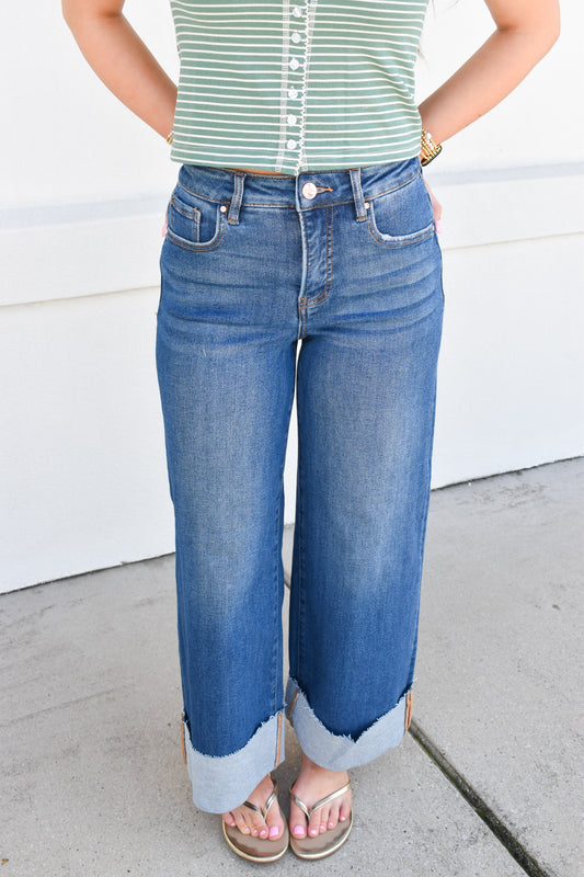 *Restock Risen High-Rise Wide-Cuffed Jeans: Dark Wash