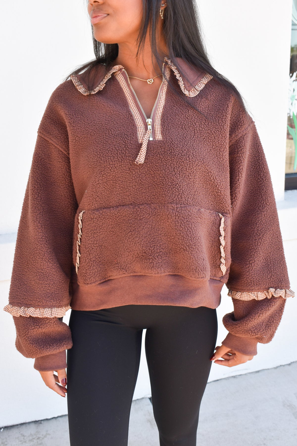 Gingham Fleece Collared Pullover: Brown