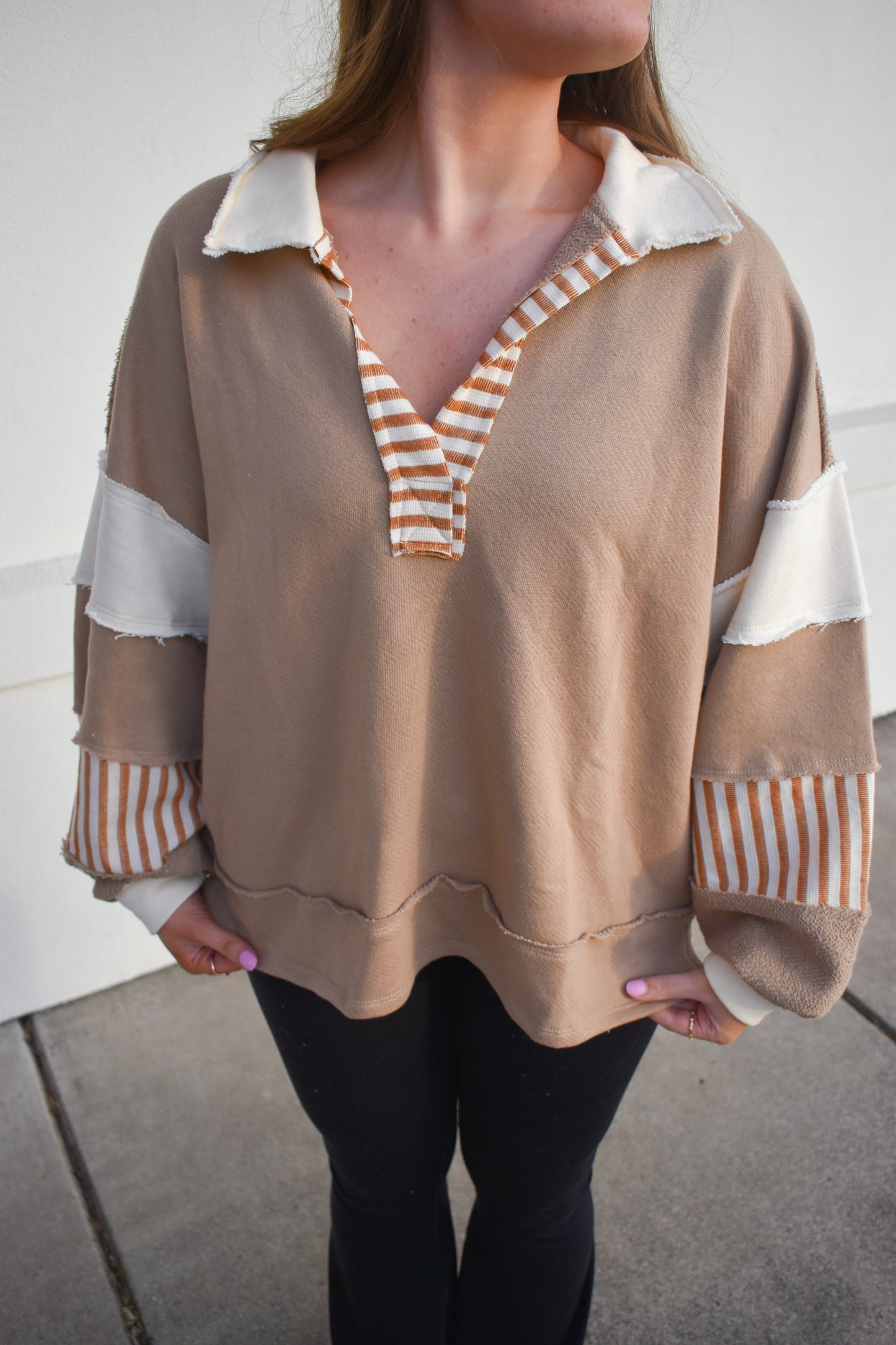 Terry Knit Collared Top: Brown/Cream