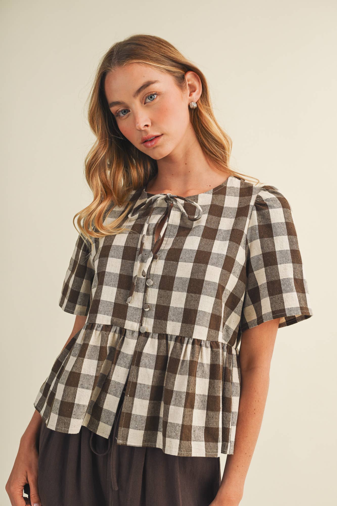 Keyhole Tie-Neck Gingham Peplum Blouse