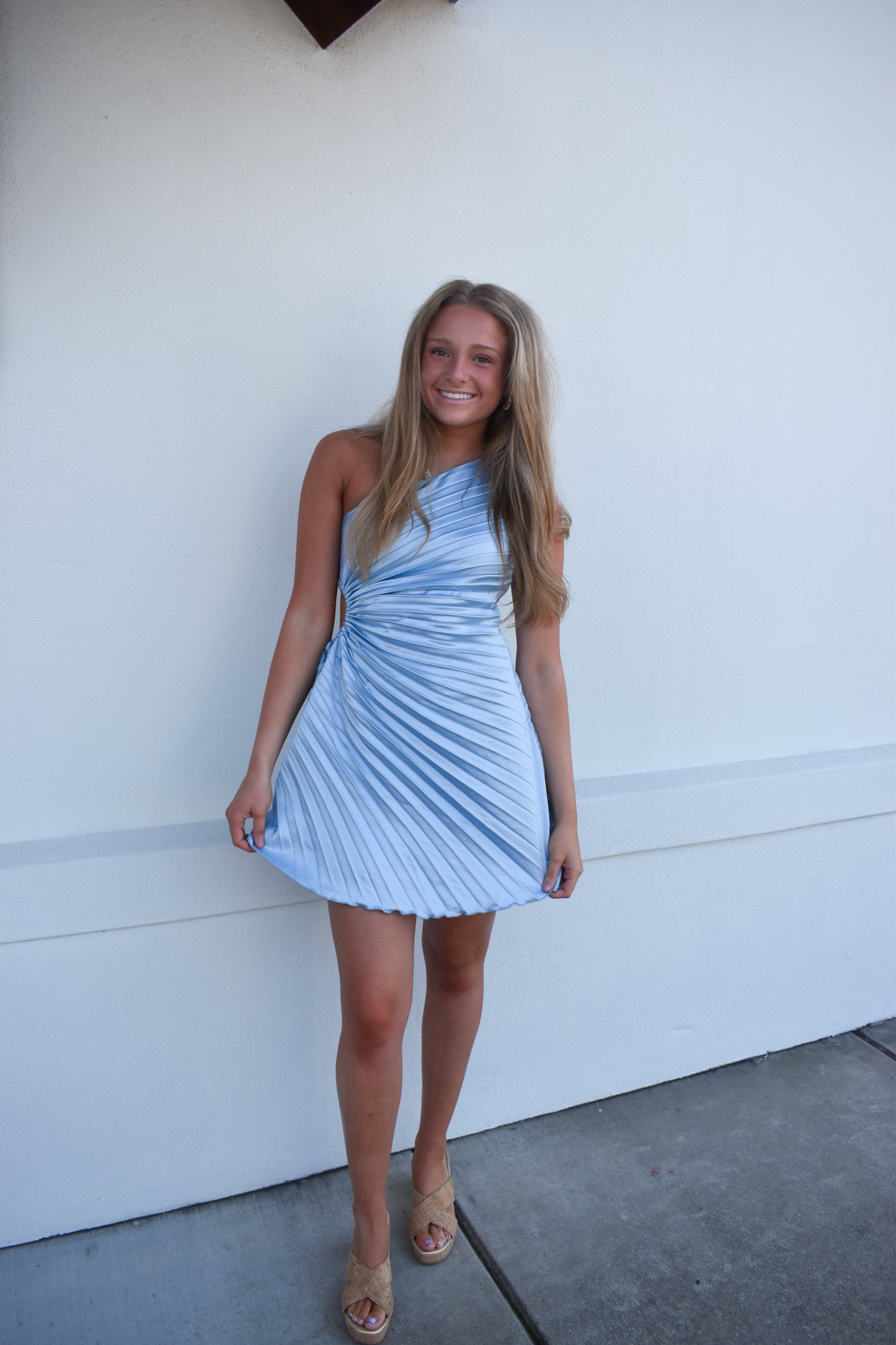 Shoulder Baby Blue Mini Dress