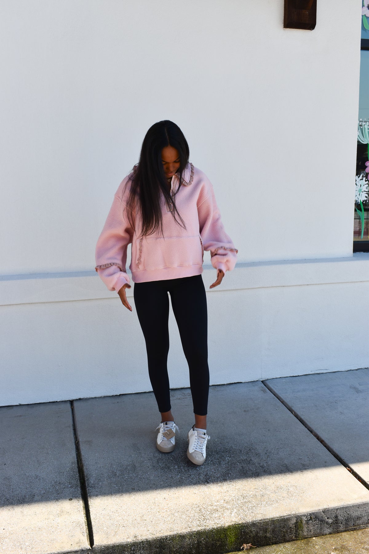 Gingham Fleece Collared Pullover: Pink