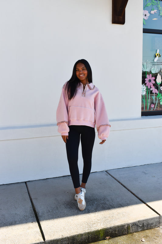 Gingham Fleece Collared Pullover: Pink