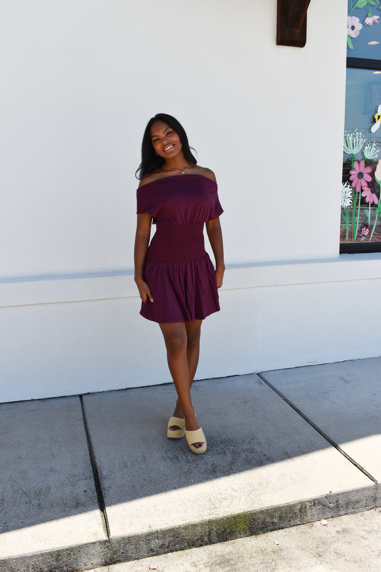 Off Shoulder Smocked Waist Dress: Wine
