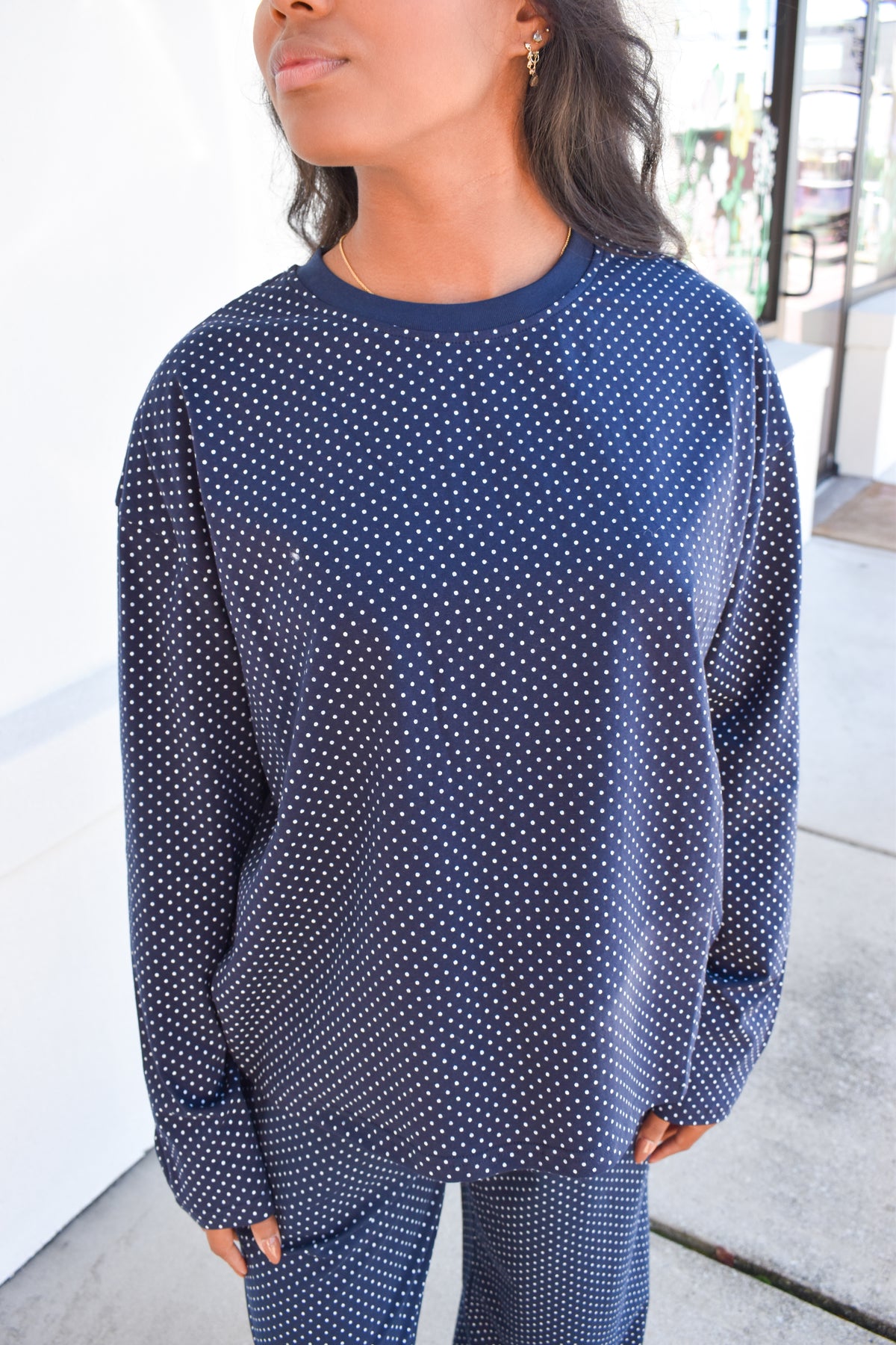 Navy Blue Polka Dot Loungewear Long Sleeve Top