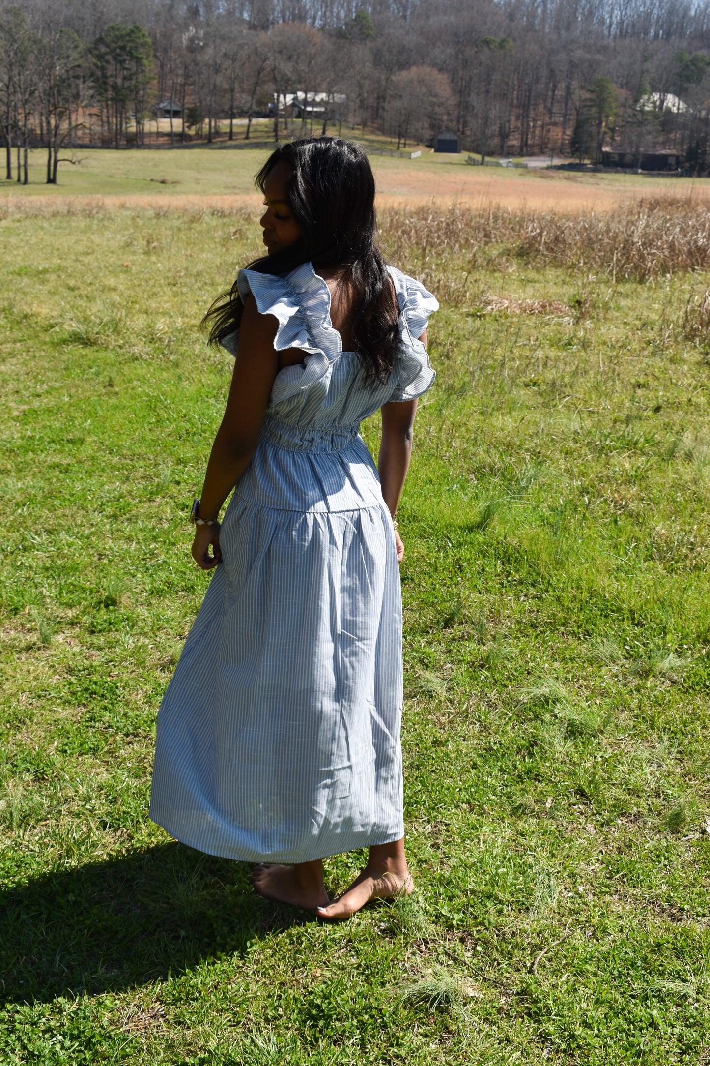 Shoulder Ruffle Stripe Midi Dress