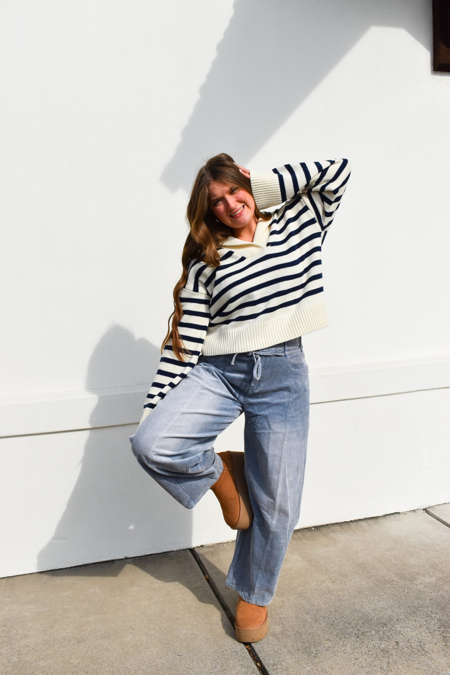 Cream/Navy Striped Collared Knit Sweater