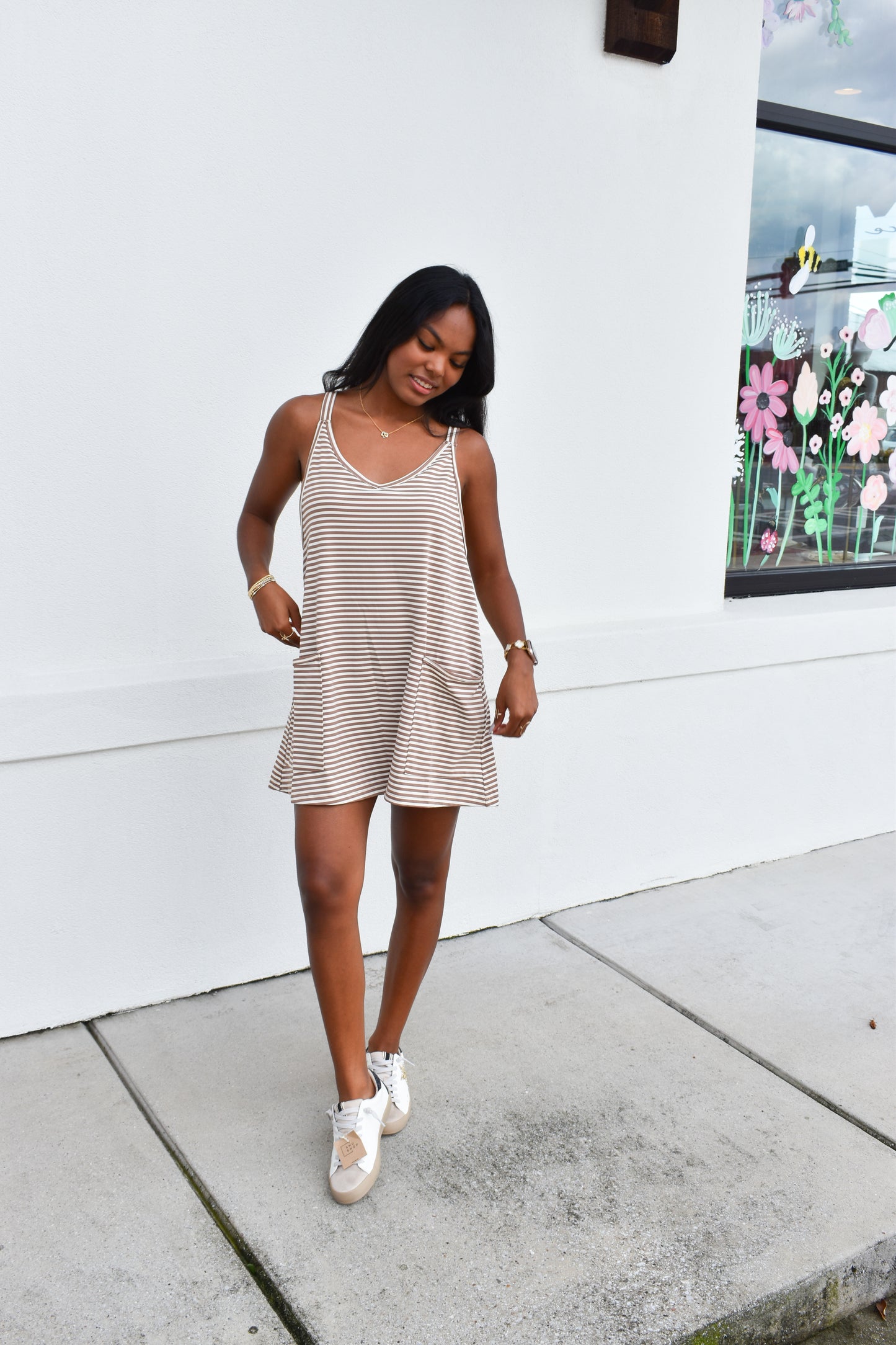 Striped Romper Dress W/ Built In Romper: Brown