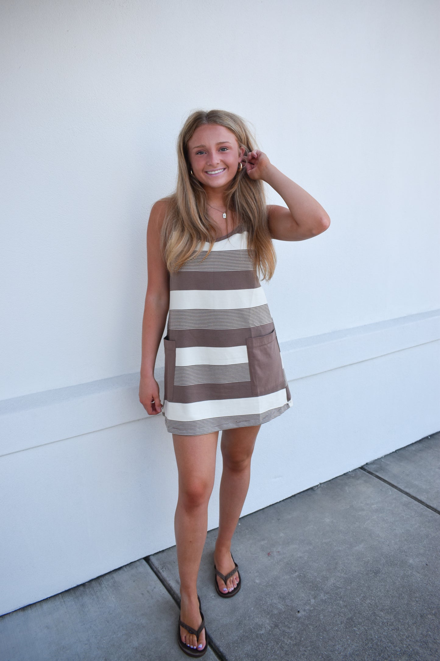 Stripe Mini Dress W/ Built In Romper Lining: Mocha