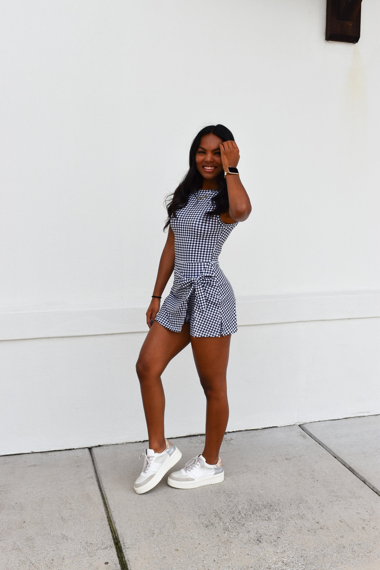 Gingham Athletic Wrap Tie Dress: Black