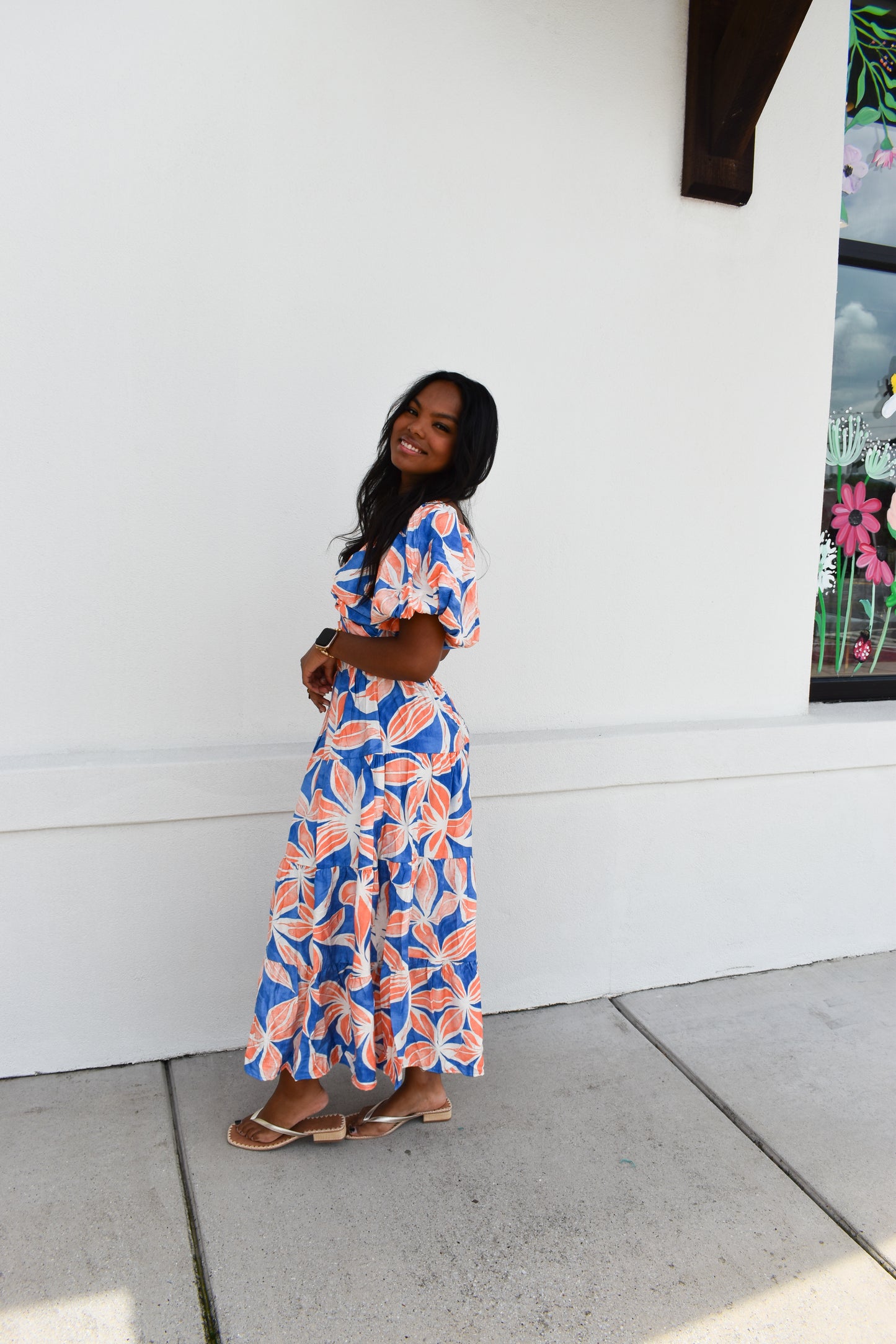 Blue/Orange Floral Maxi Dress