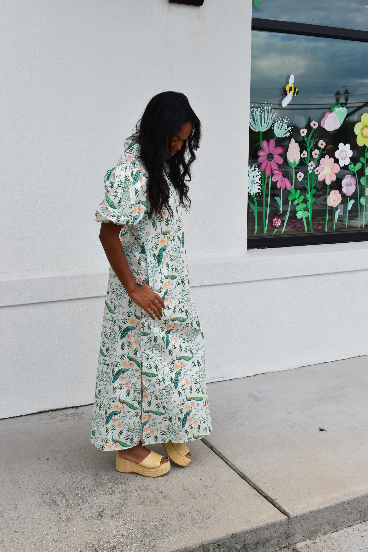 Peacock Print Puff Sleeve Midi Dress