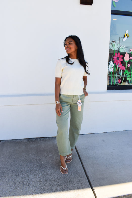 Risen Olive Crop Barrel Jeans