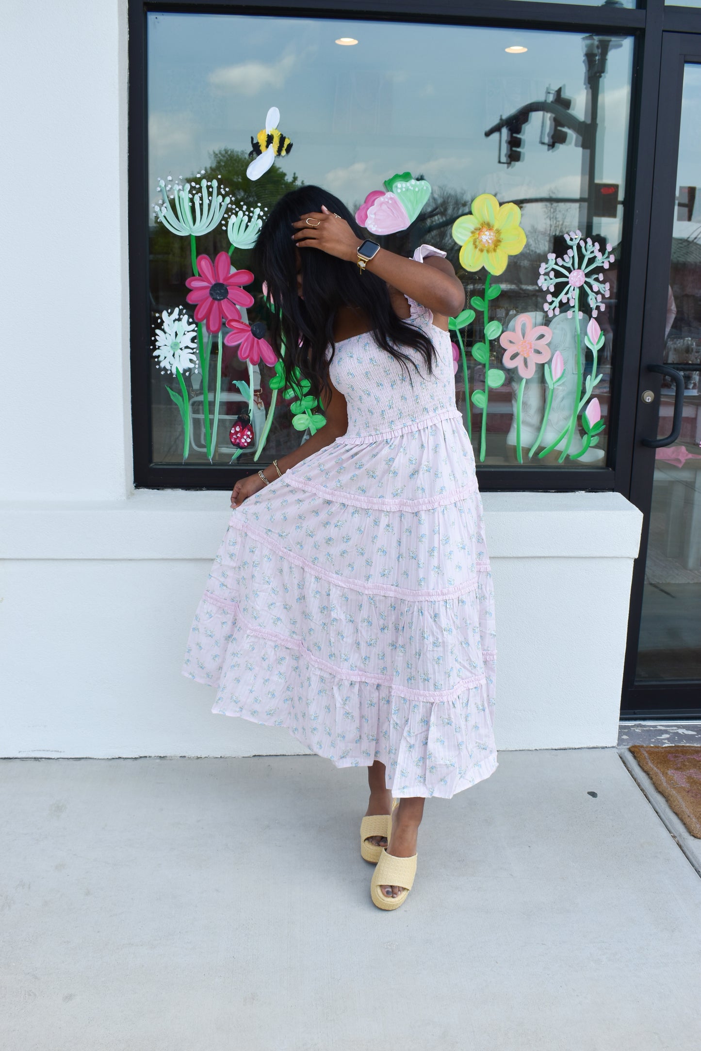 Ditsy Flower Smocked Dress: Pink/Blue