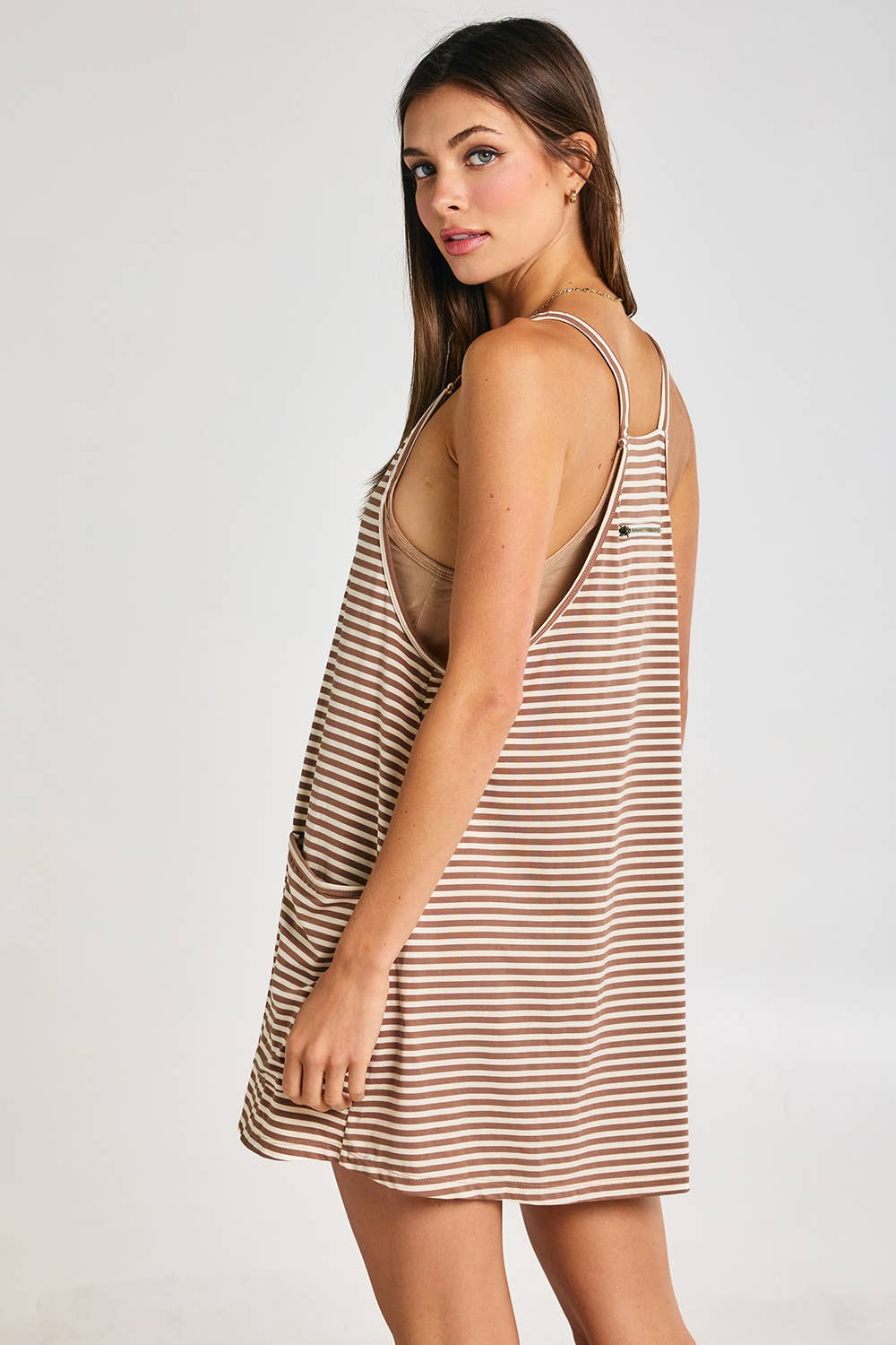 Striped Romper Dress W/ Built In Romper: Brown