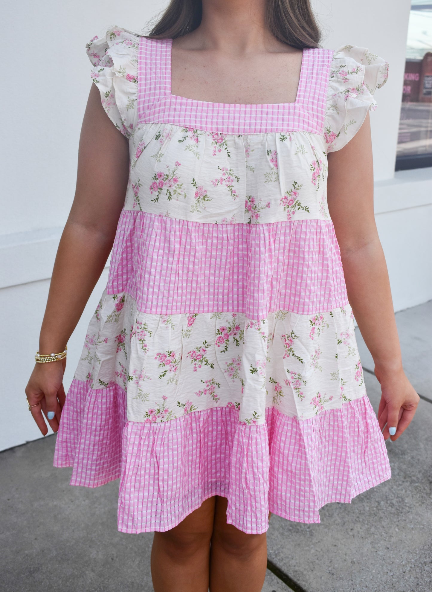 Mini Dress W/ Mixed Floral Print and Pink Gingham