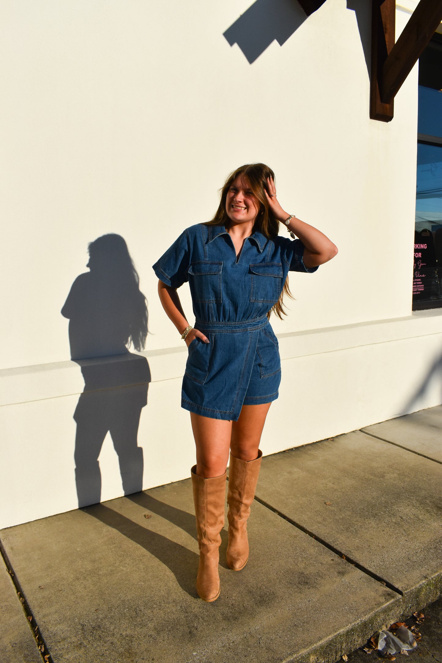 Denim Romper W/ Pockets & Wrap Detail