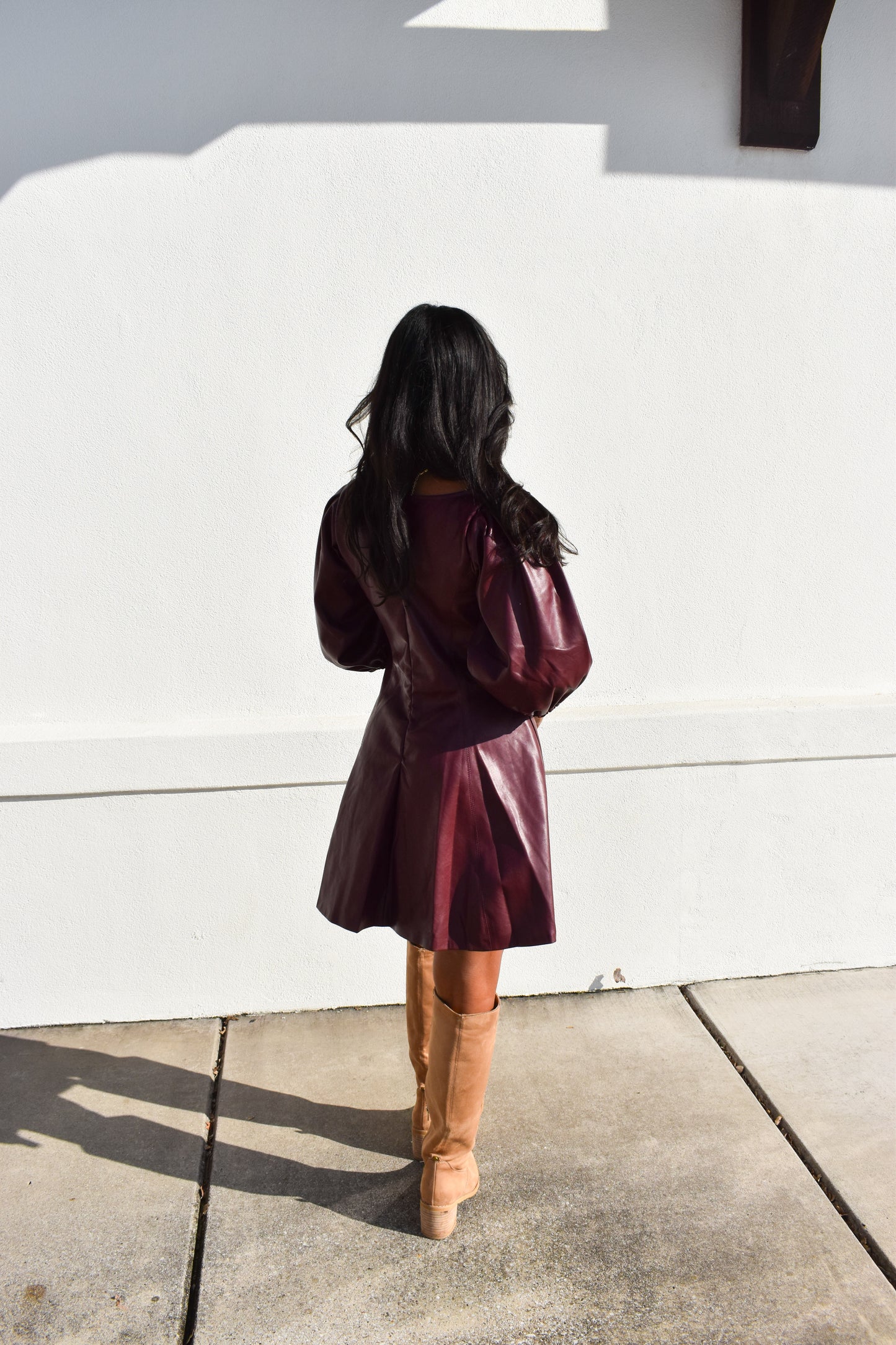 Red Leather Puff Sleeve Dress