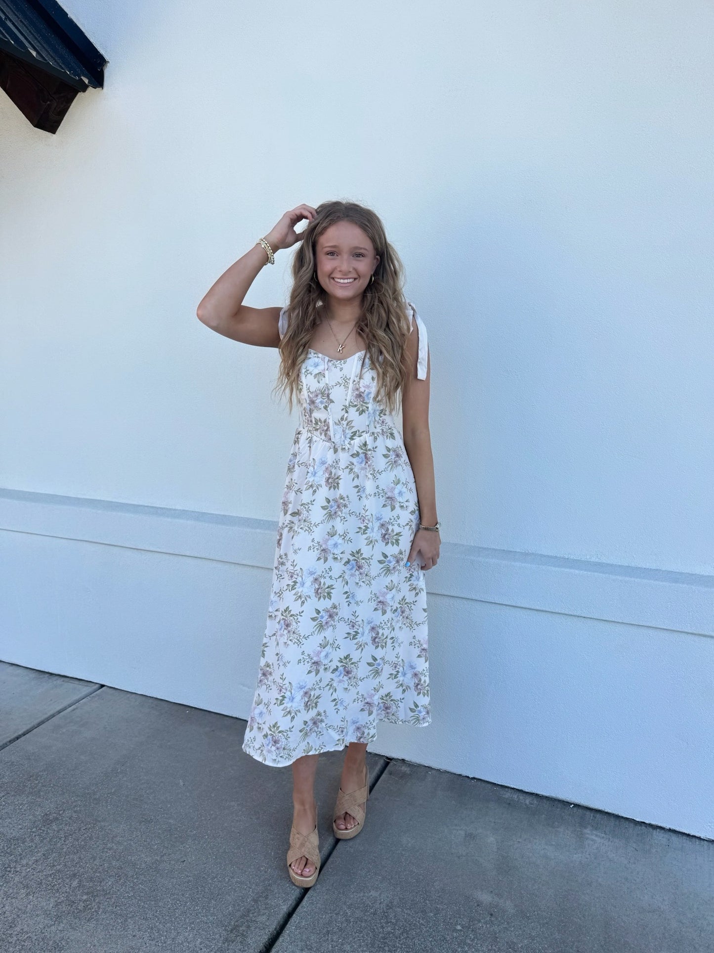 Floral Corset Tie Strap Midi Dress