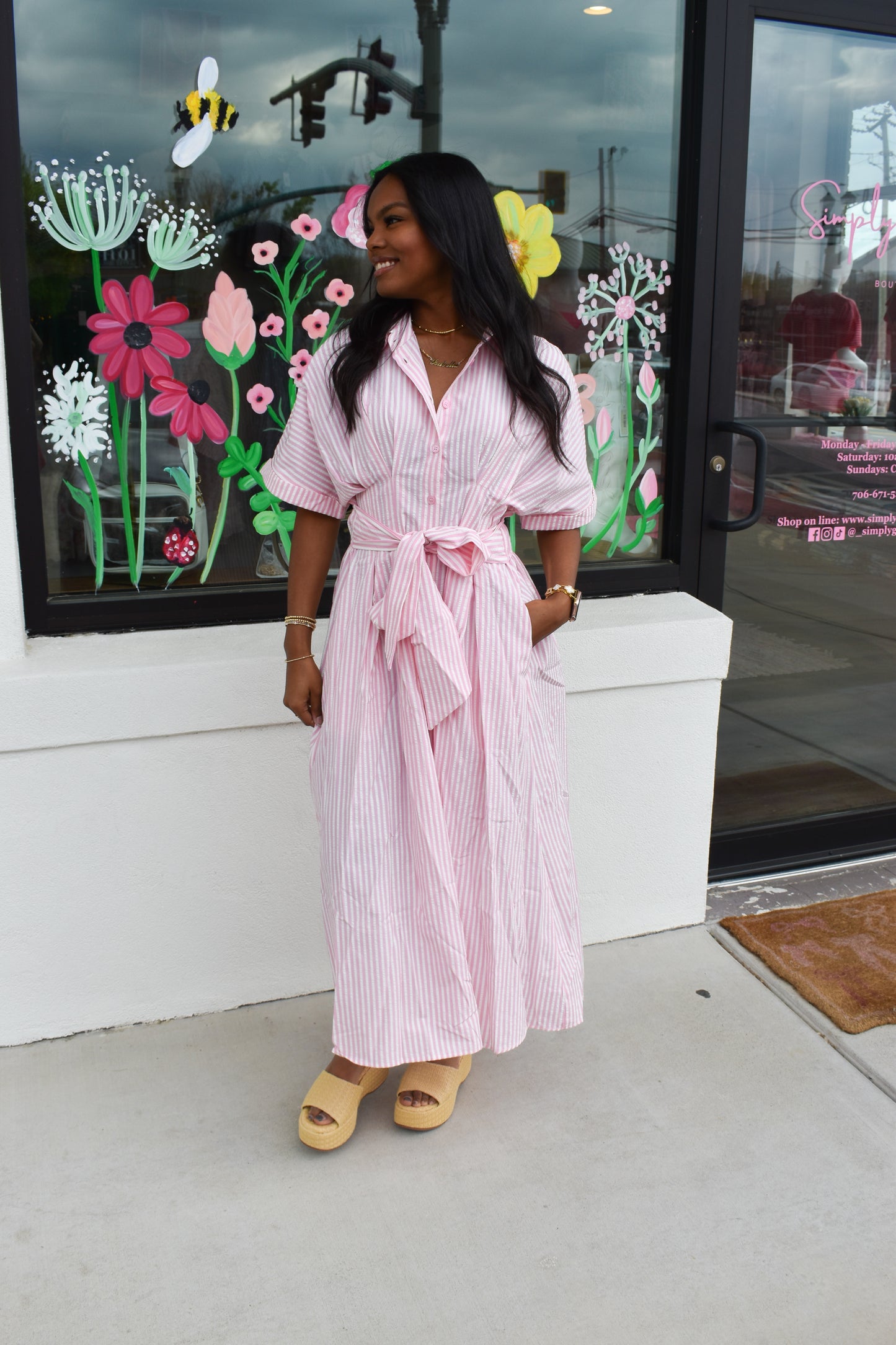 Seer Sucker Striped W/ Bow Tie Maxi Dress