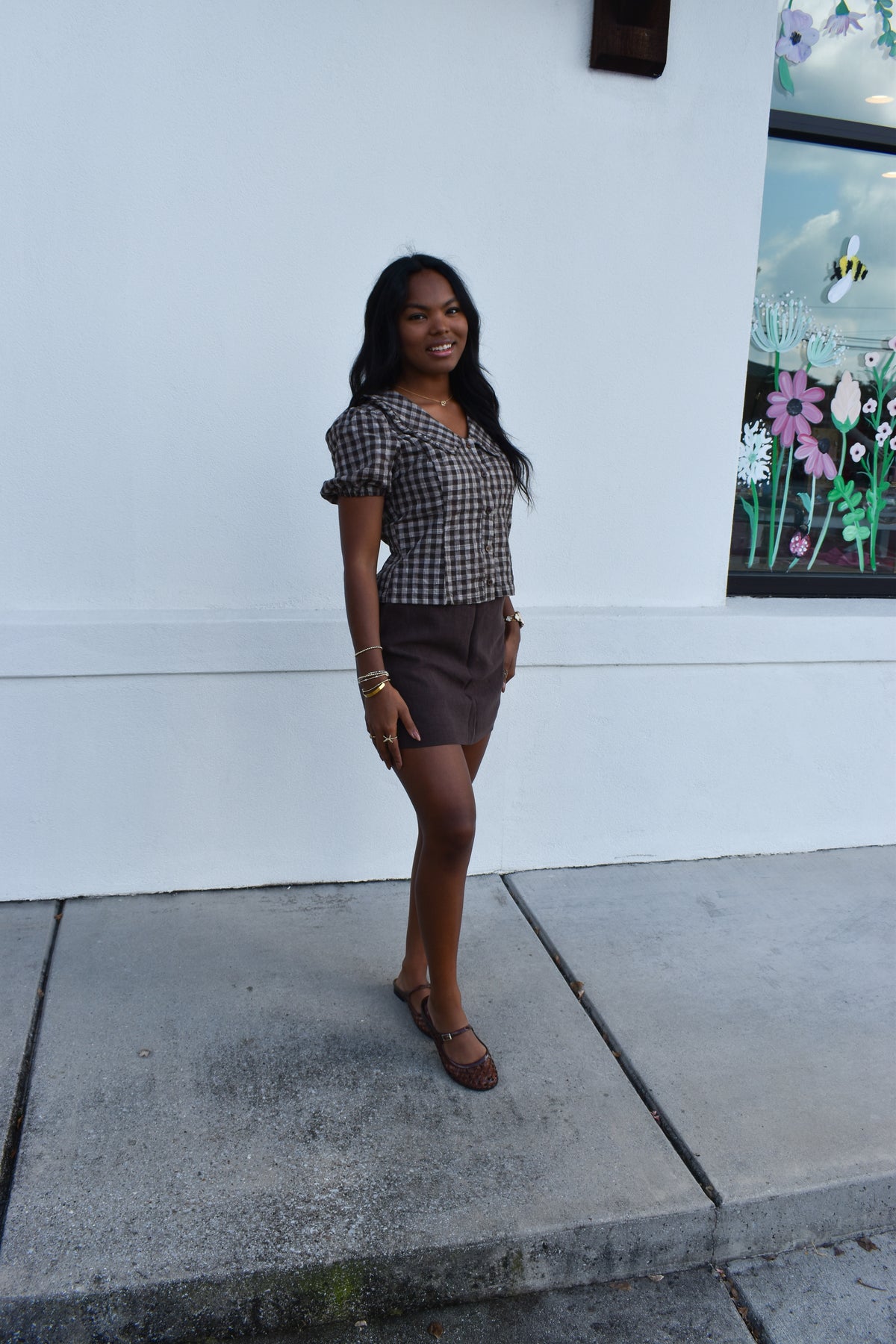 Gingham Plaid Button Top W/ Ruffle Collar