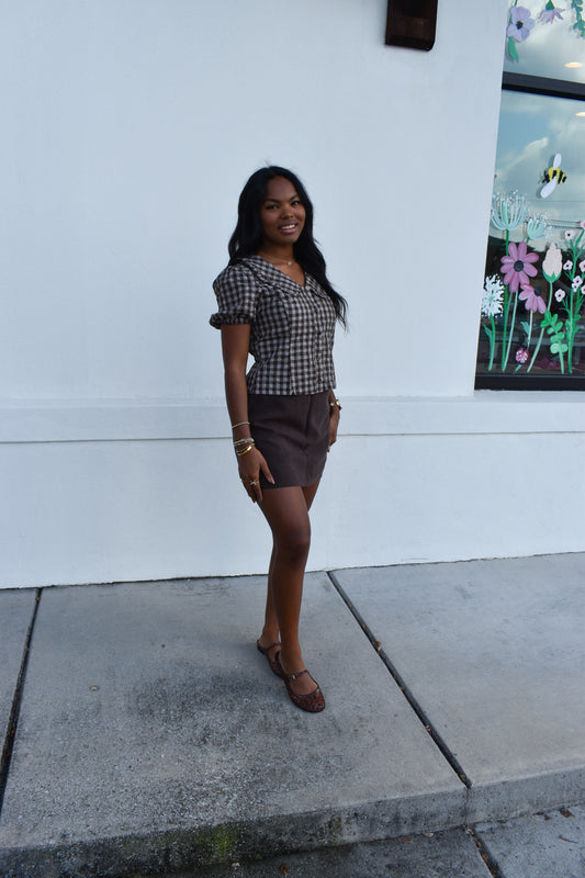 Gingham Plaid Button Top W/ Ruffle Collar