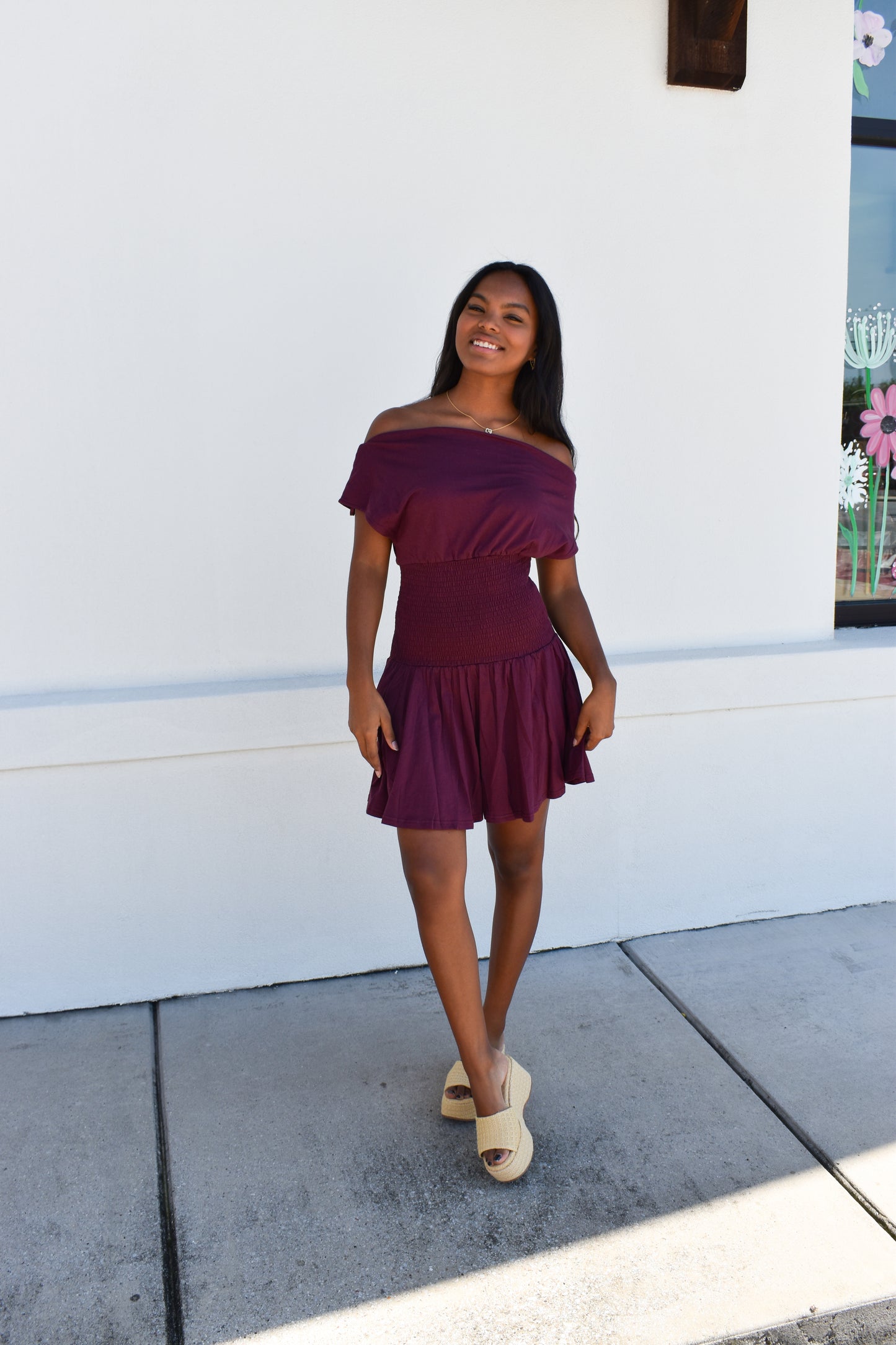 Off Shoulder Smocked Waist Dress: Wine