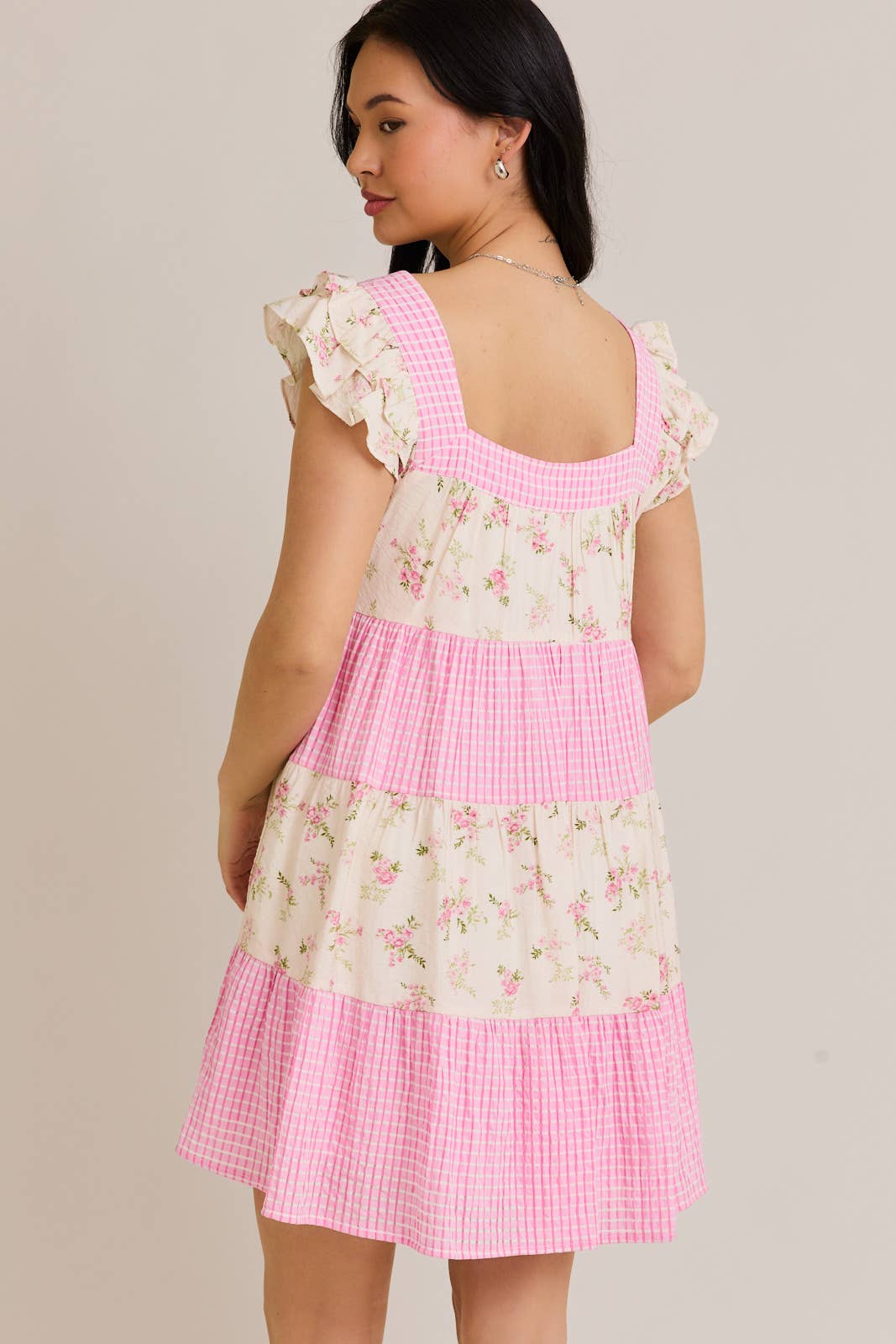 Mini Dress W/ Mixed Floral Print and Pink Gingham