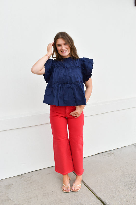 The Navy Scallop Ruffle Top
