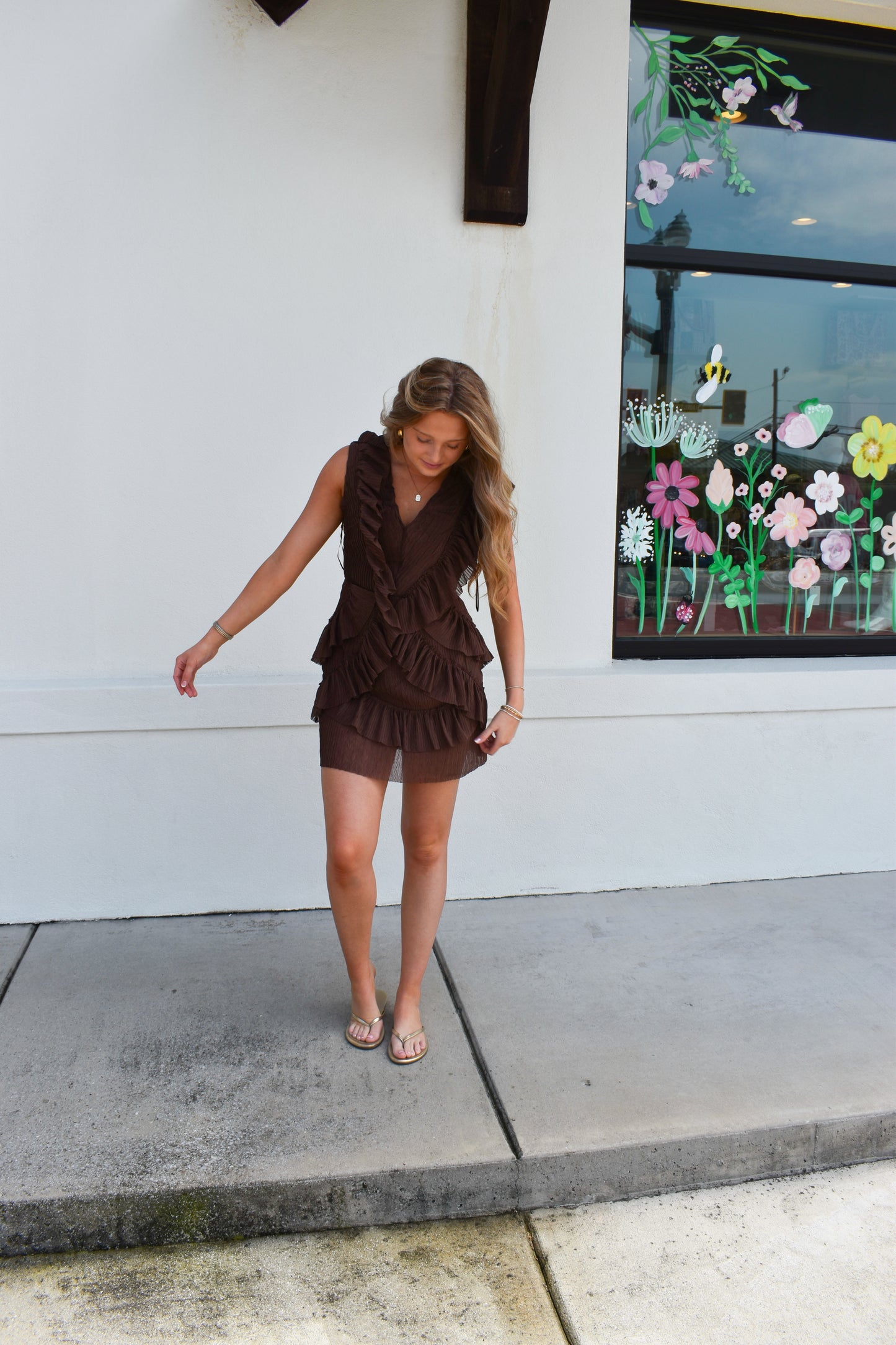 Ruffle Cutout V Neck Mini Dress
