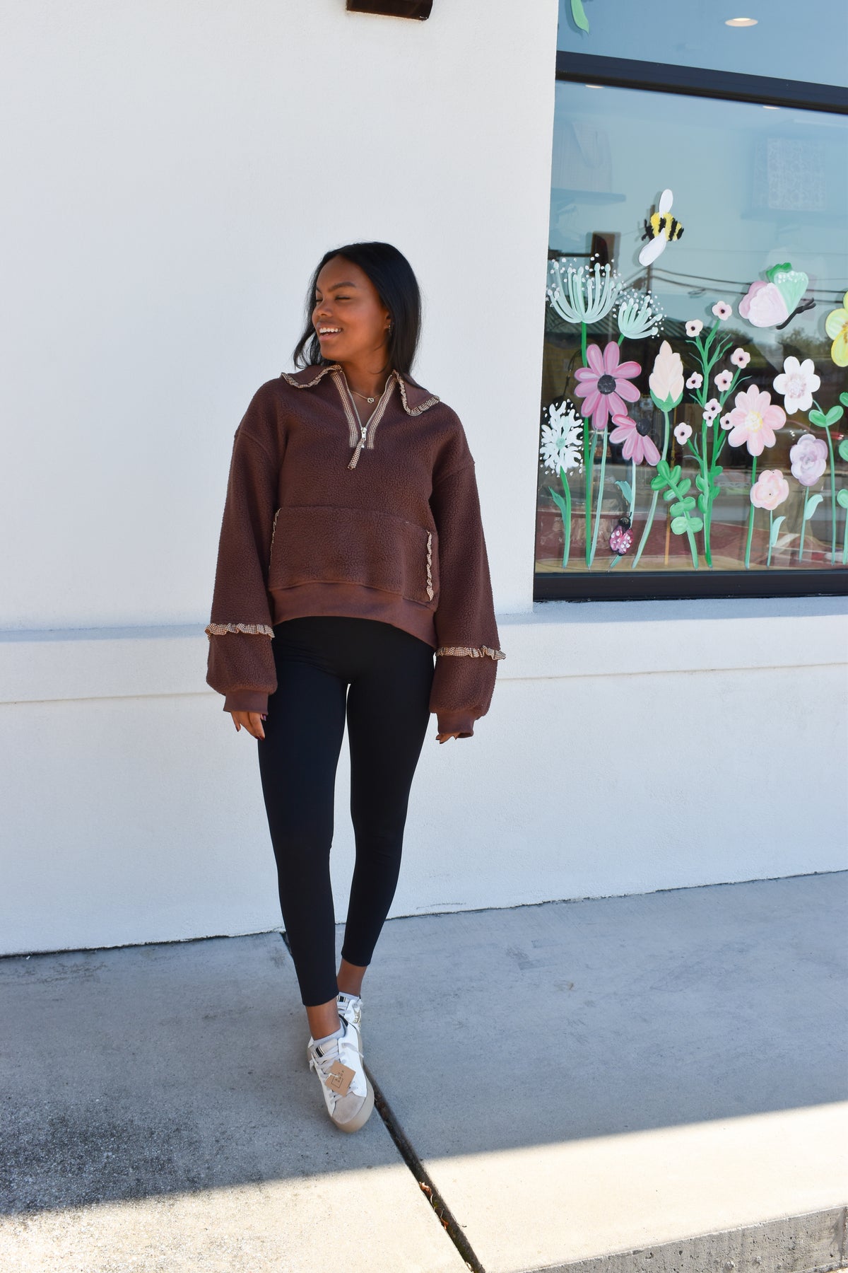 Gingham Fleece Collared Pullover: Brown