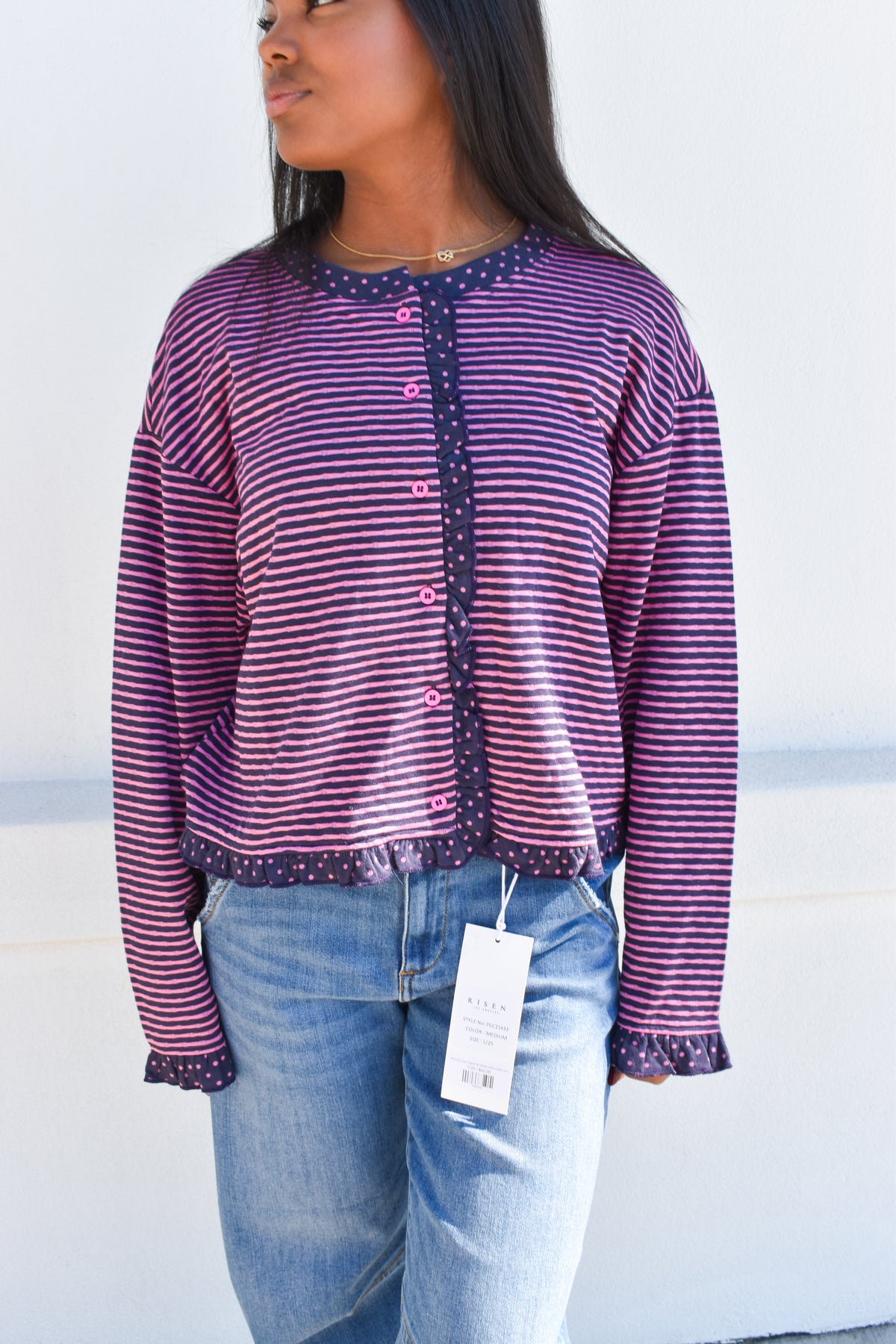 Polka Dot Trim Stripe Button-Up Cardigan