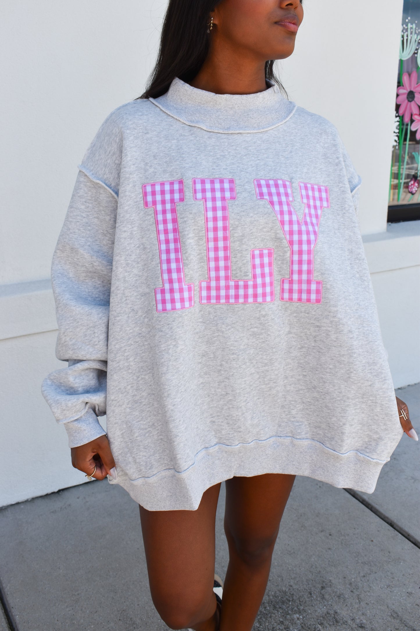 "ILY" Gingham Embroidered Mockneck