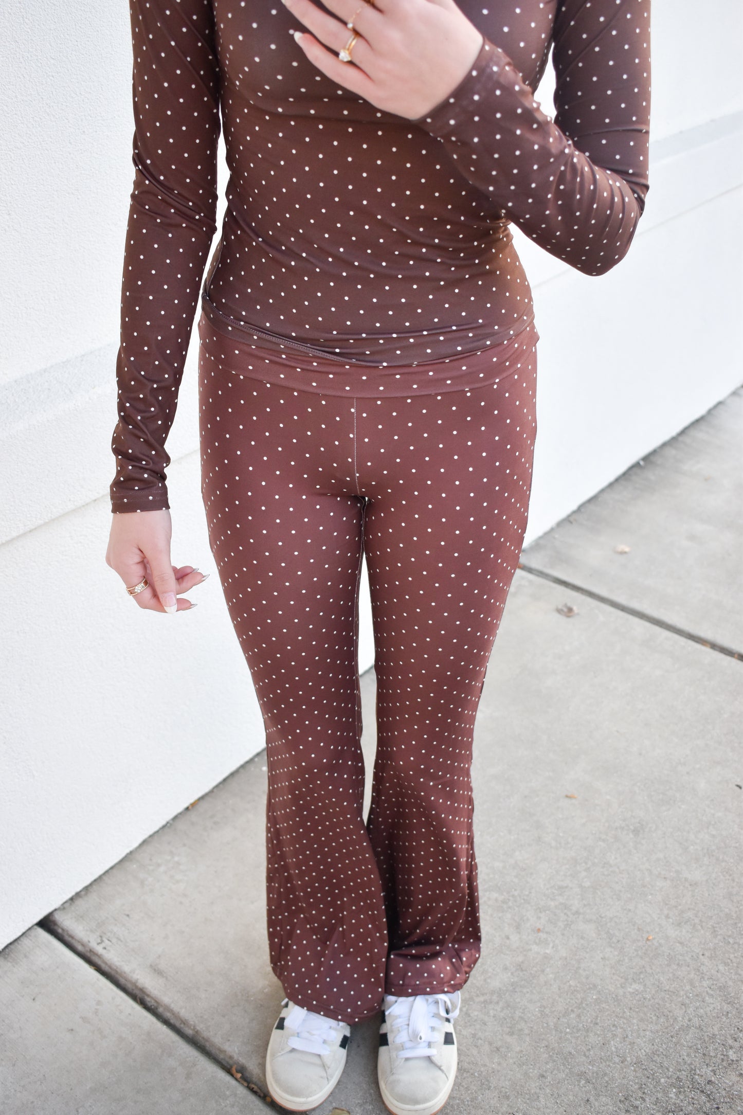 Polka Dot Print Soft Knit Jersey Foldover Flare Pants