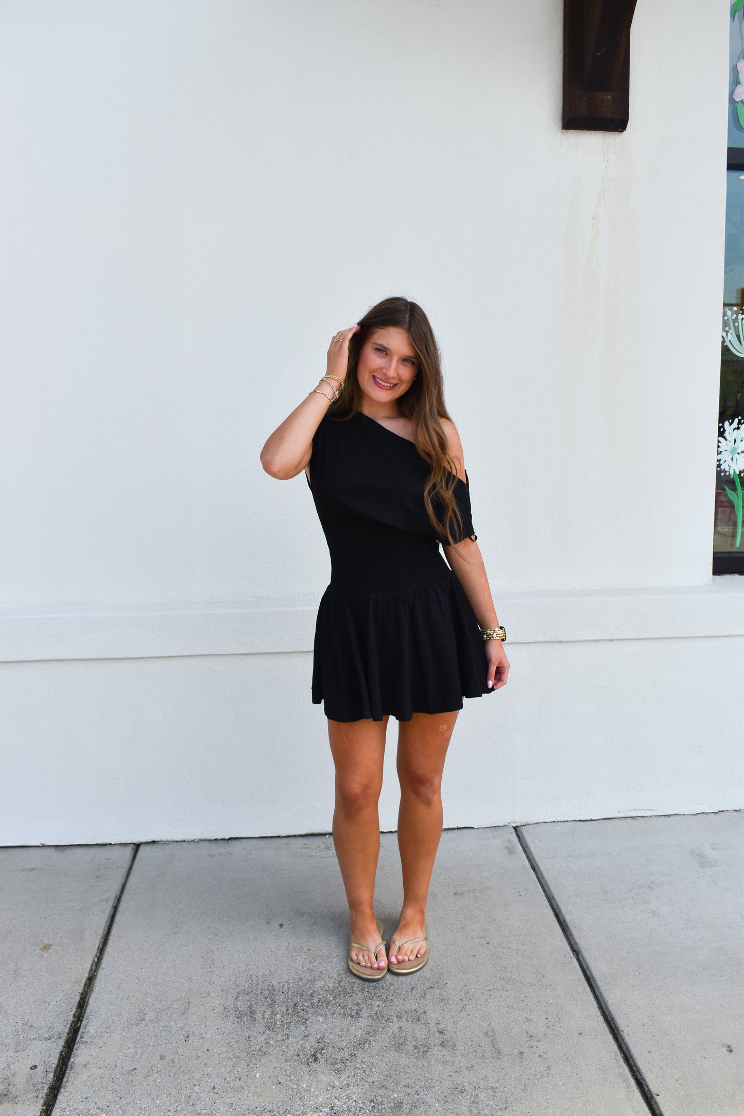 Off Shoulder Smocked Waist Dress: Black