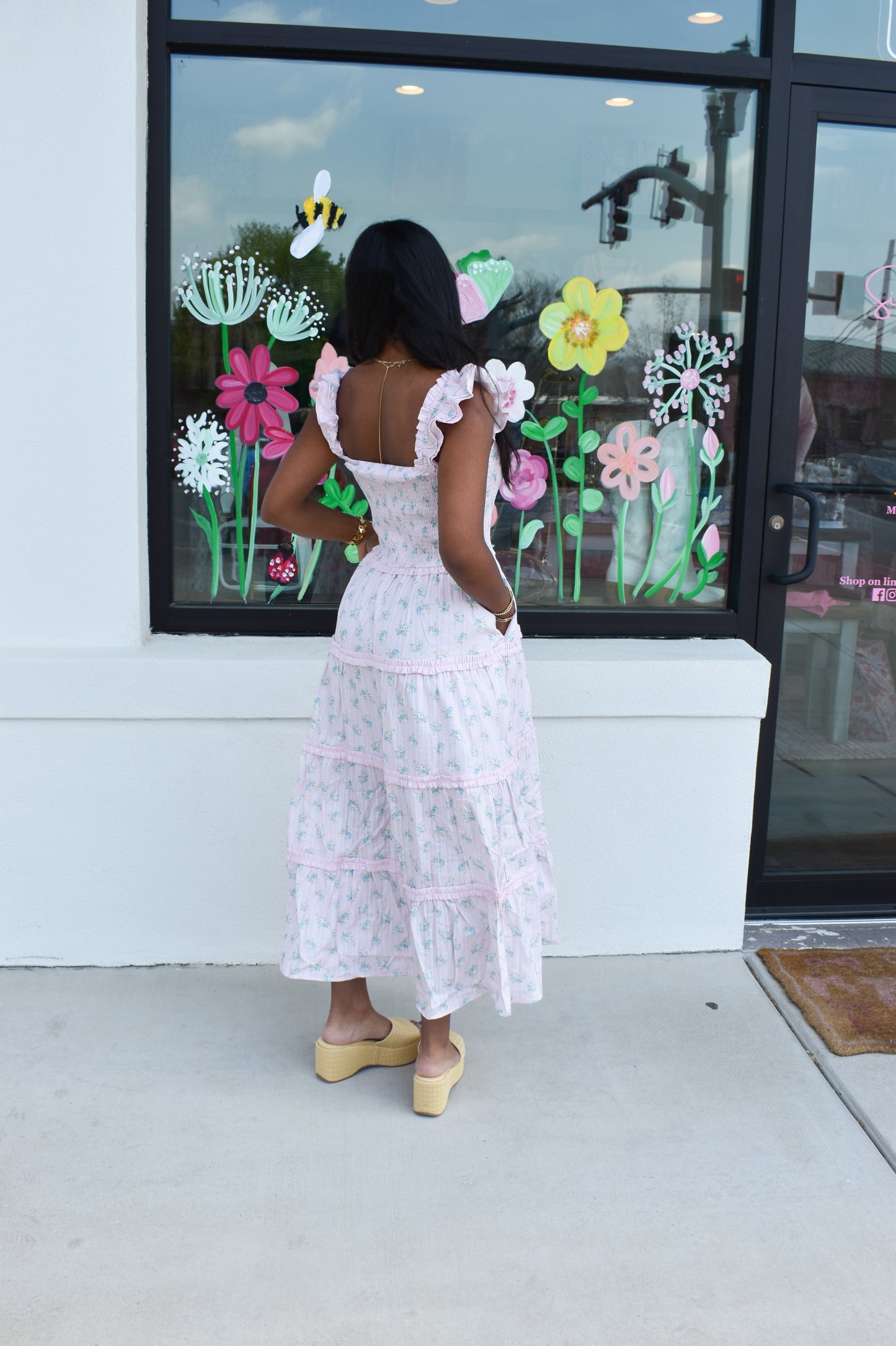Ditsy Flower Smocked Dress: Pink/Blue